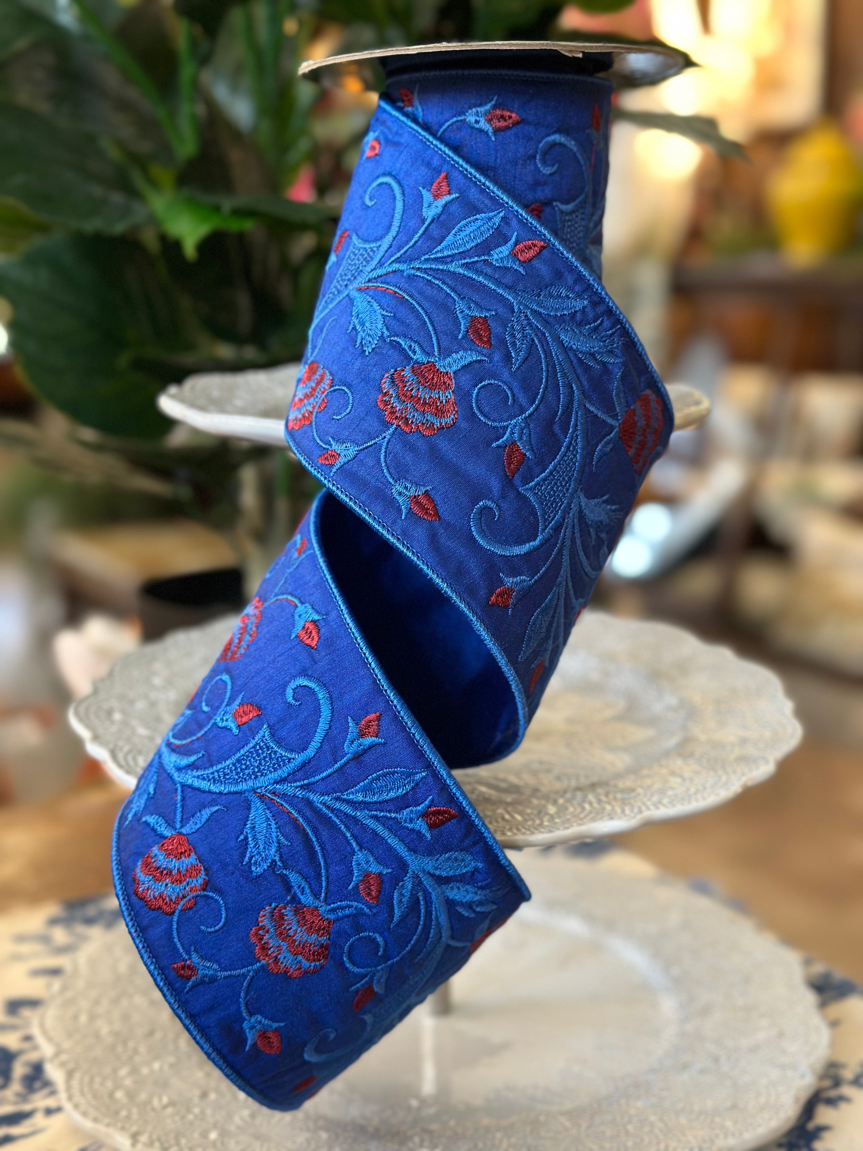 4"x5Y Embroidered Vine/Red Buds, Royal Blue Ribbon