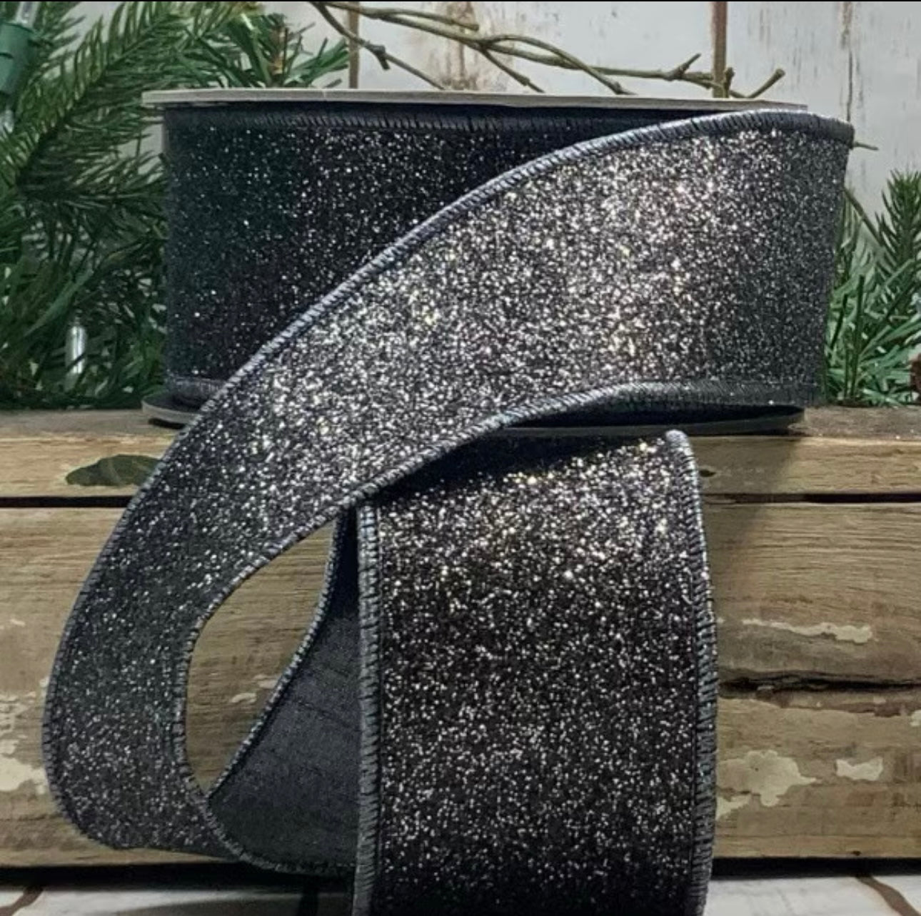 2.5" x 10yds glitter metallic back, silver black