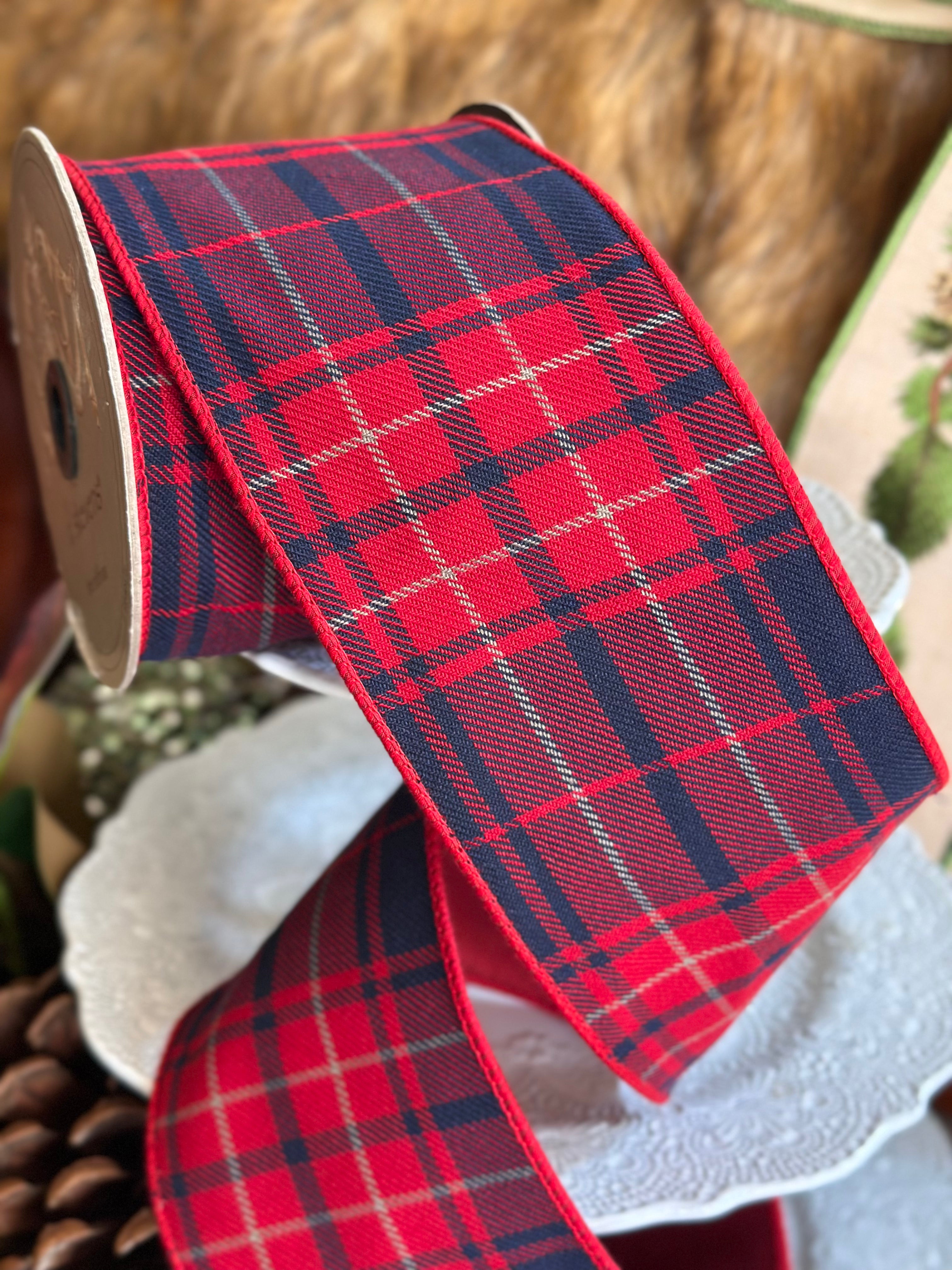 4”x10yards Red and Navy Flannel Ribbon with Red Back