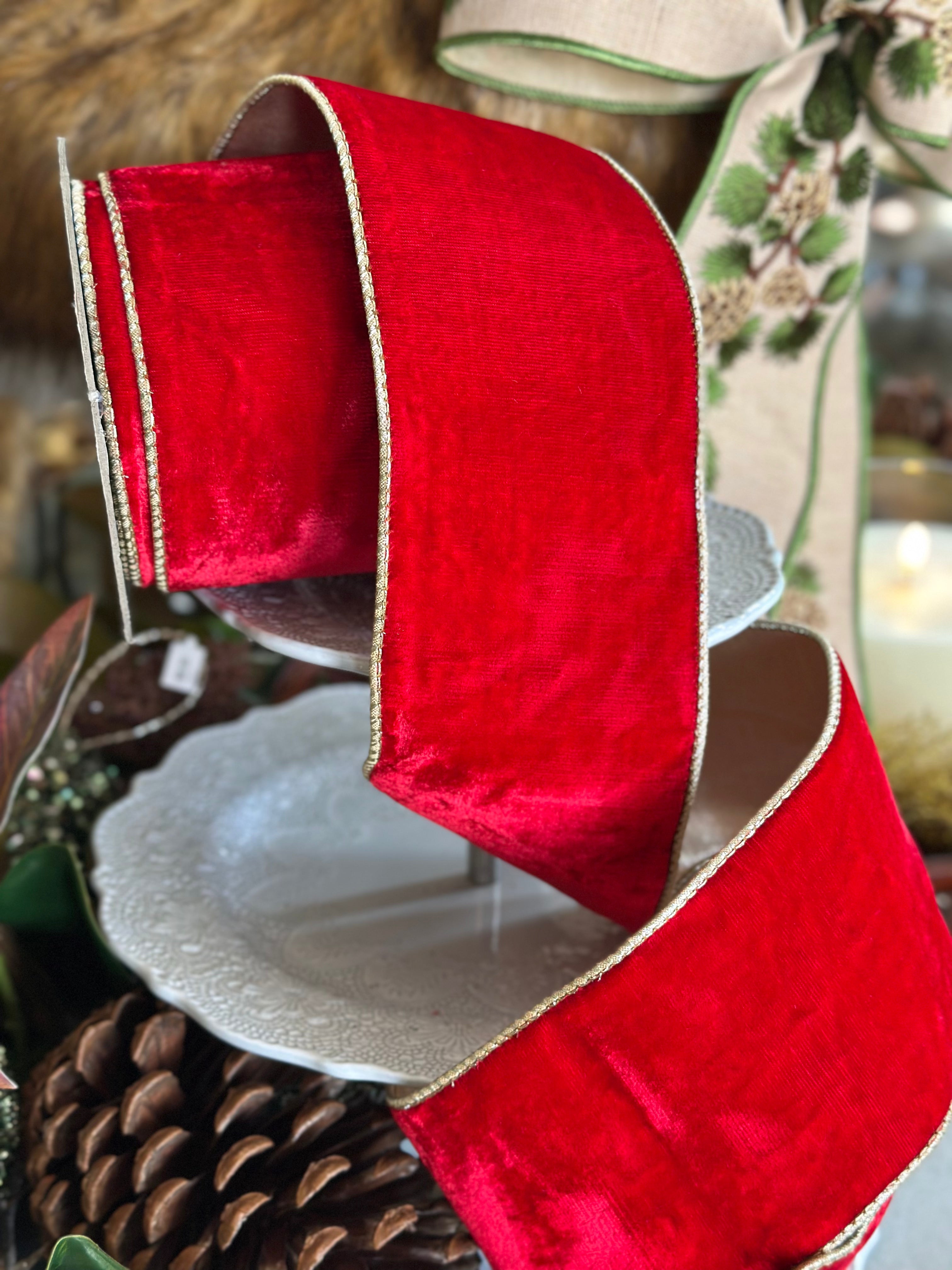 4"x10yrds luxe velvet w/platinum metallic back, red