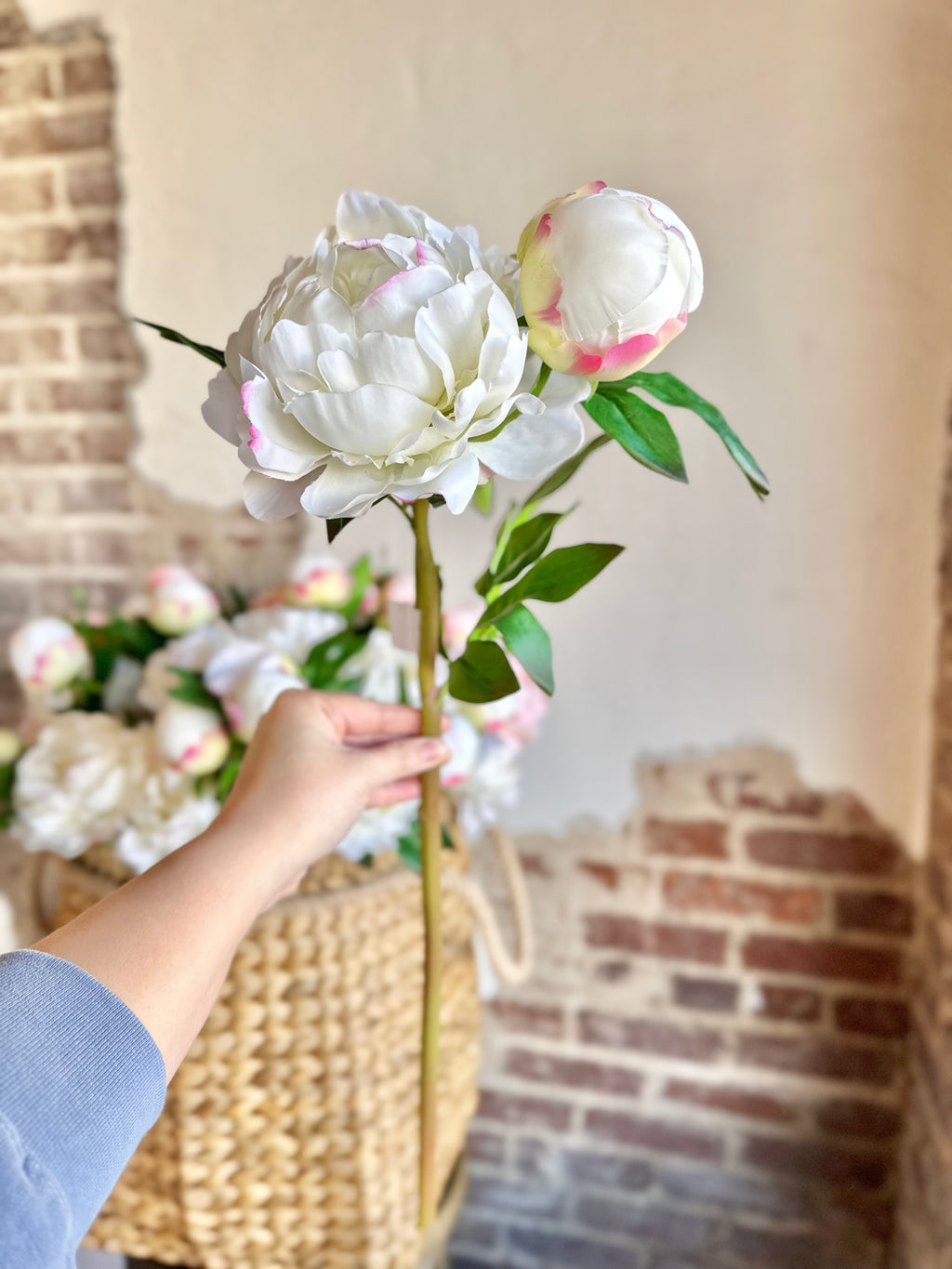 SOFT-TOUCH PEONY SPRAY X1 WITH BUD, 24.5", 5.5" BLOOM, WHITE