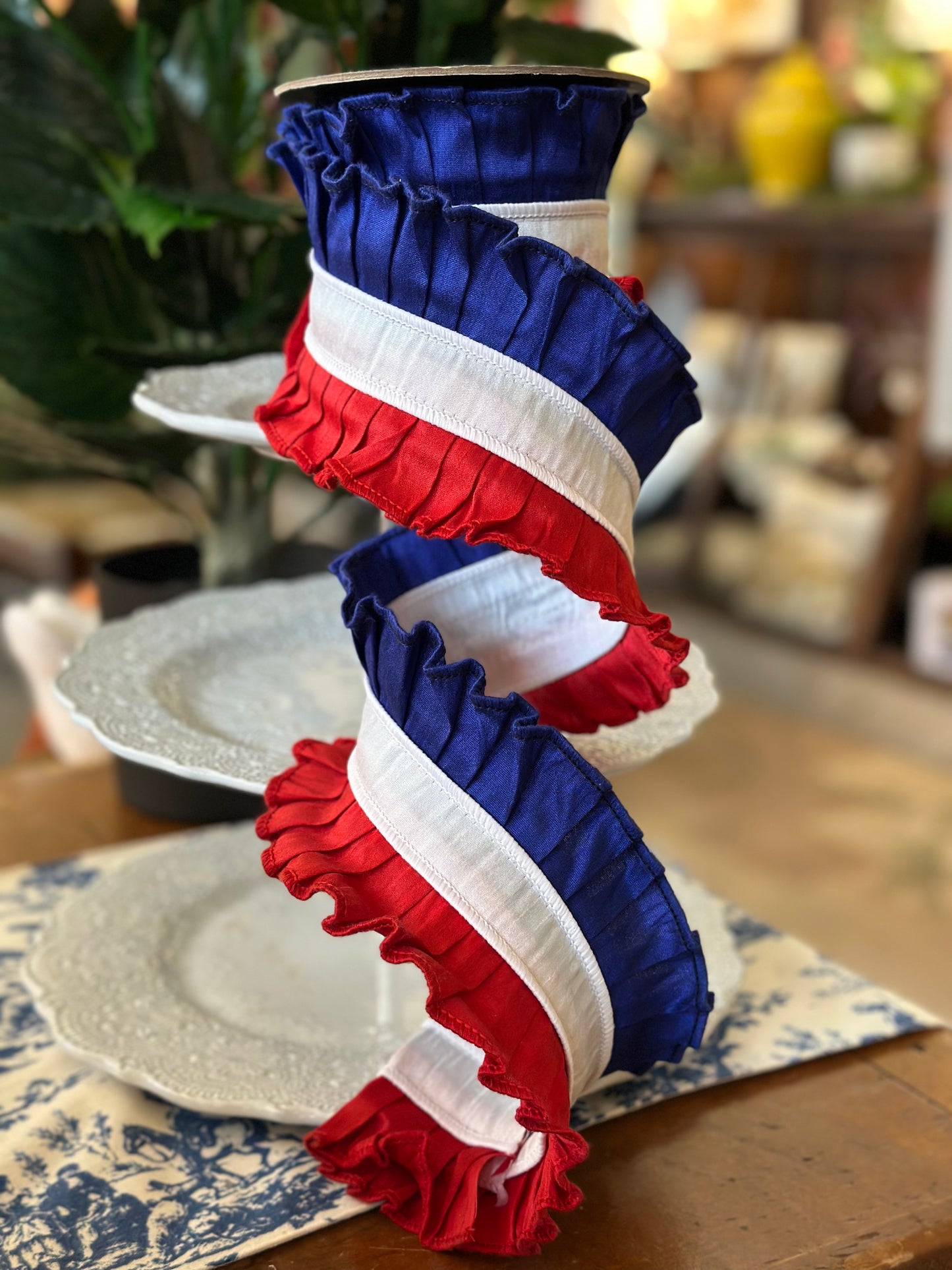 4" x 5Y dupion ruffle, red white royal blue