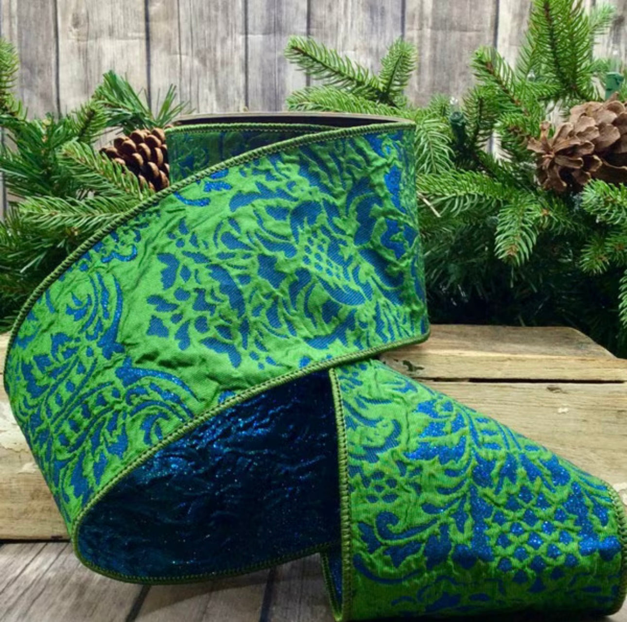 4" x 10 yds jacquard metallic brocade, indigo/green