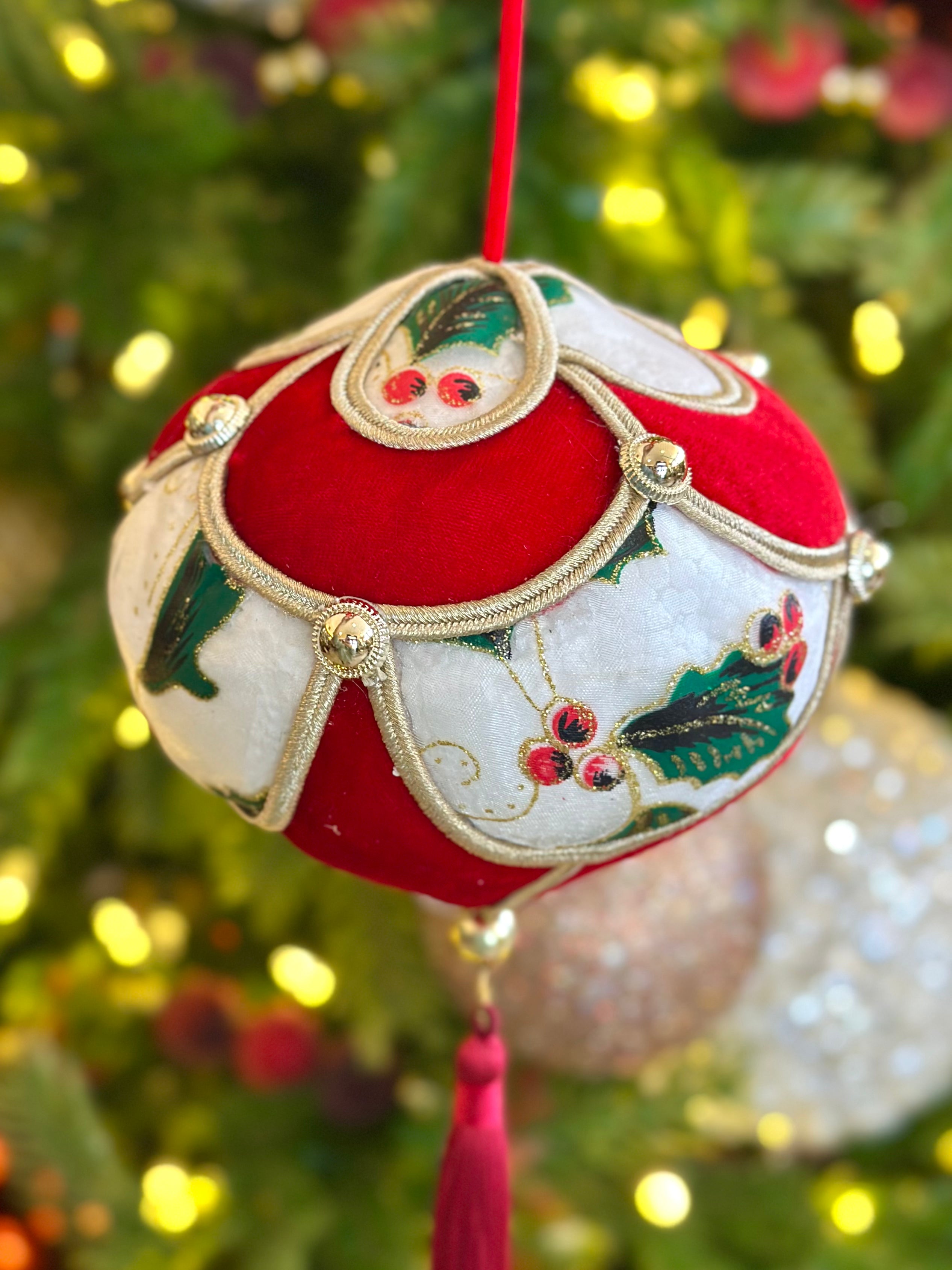 Vintage Red Holly Velour Ornament
