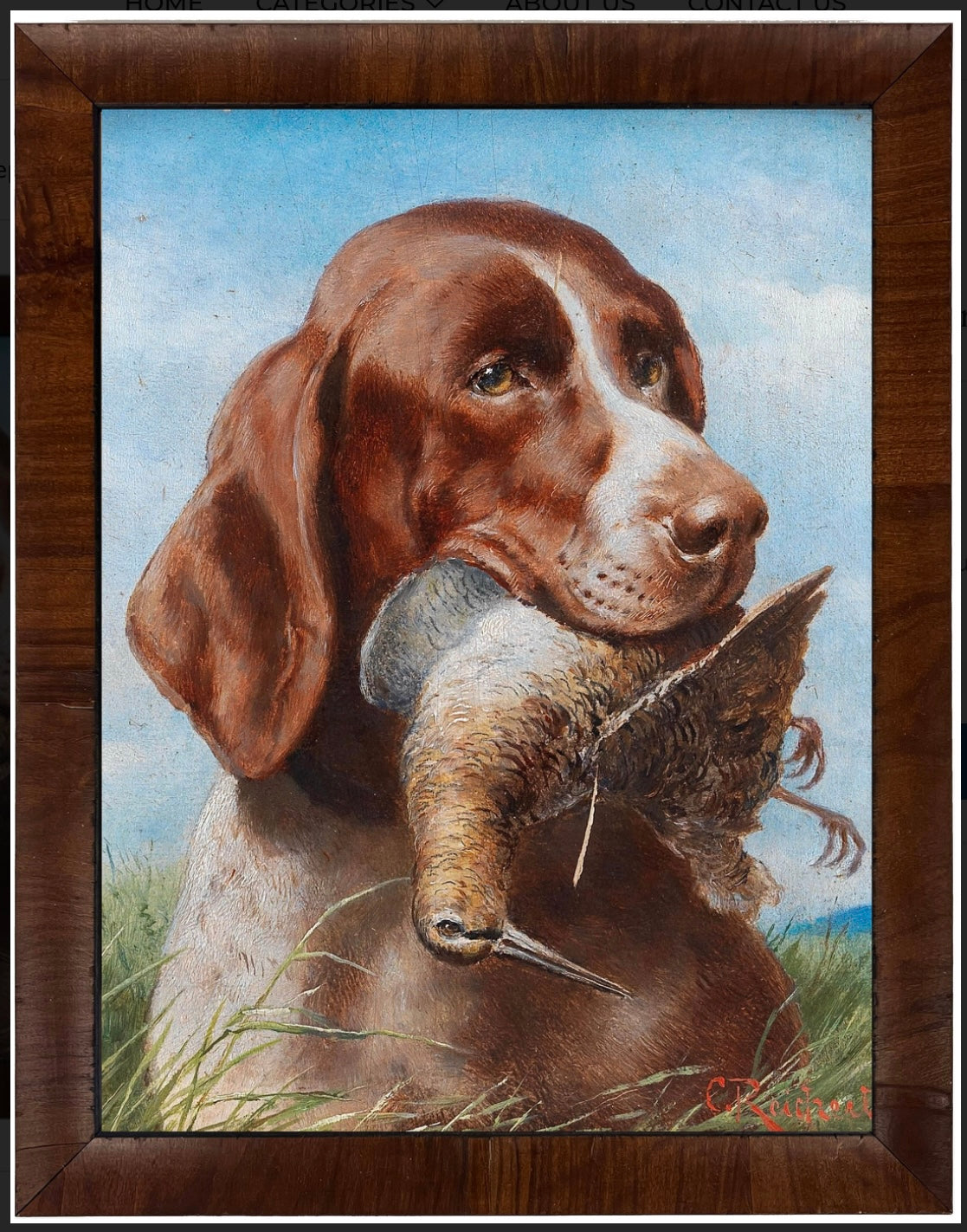 Framed Vintage Dog and Bird Oil Painting Reproduction