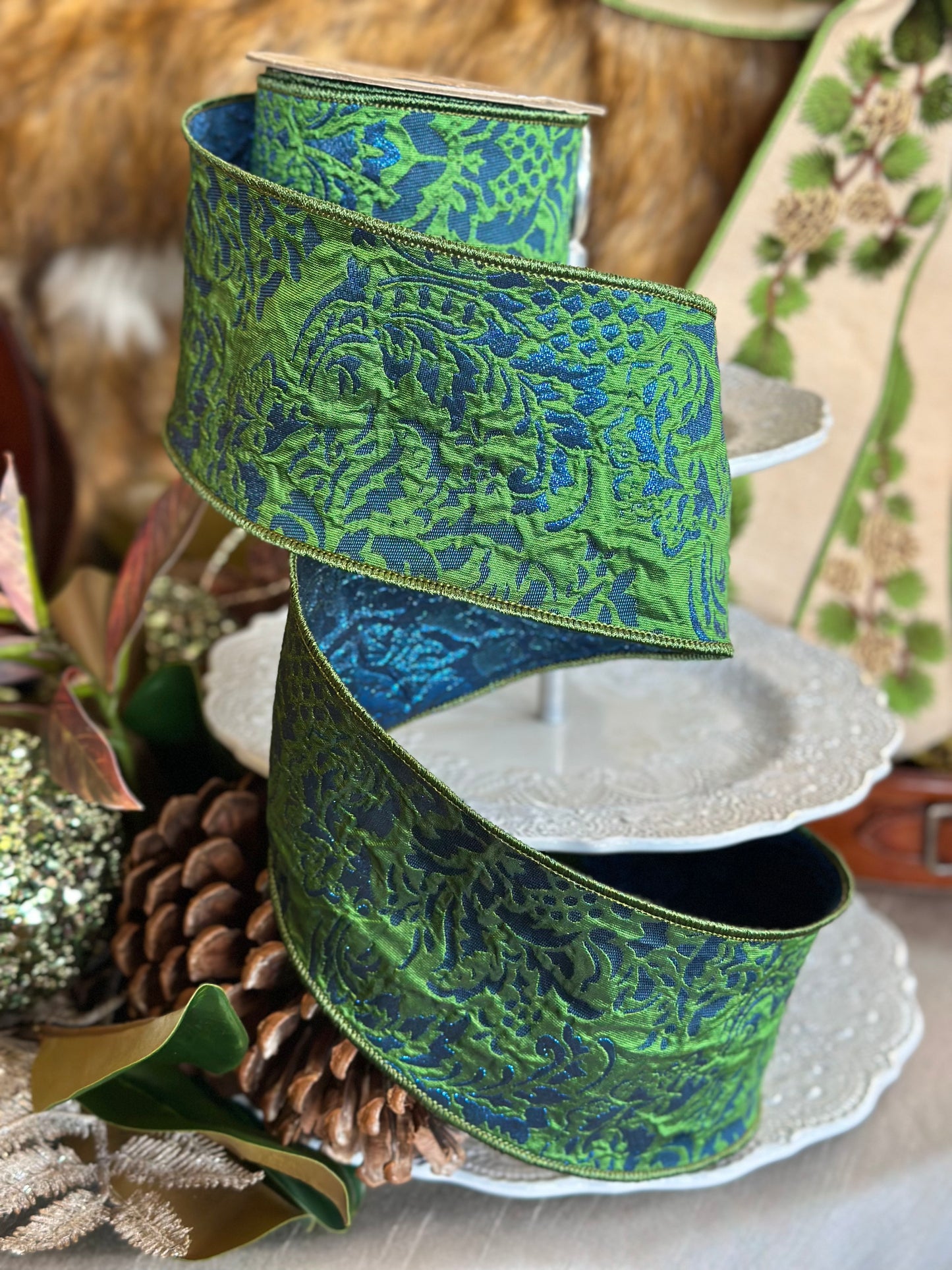 4" jacquard metallic brocade, indigo/green
