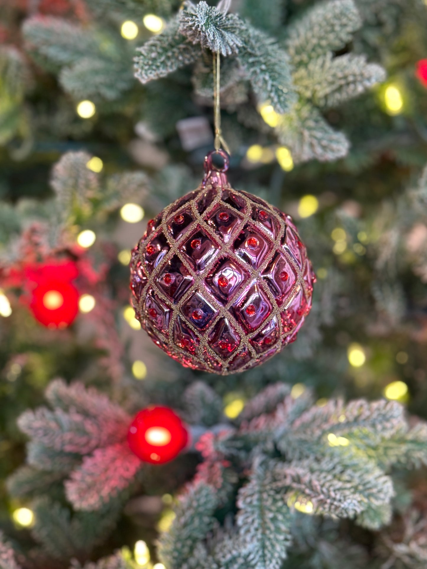 4" Glass Ball Ornament - Light Purple w/Gold Beads & Red Gems