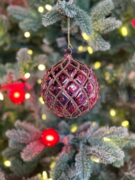 4" Glass Ball Ornament - Light Purple w/Gold Beads & Red Gems