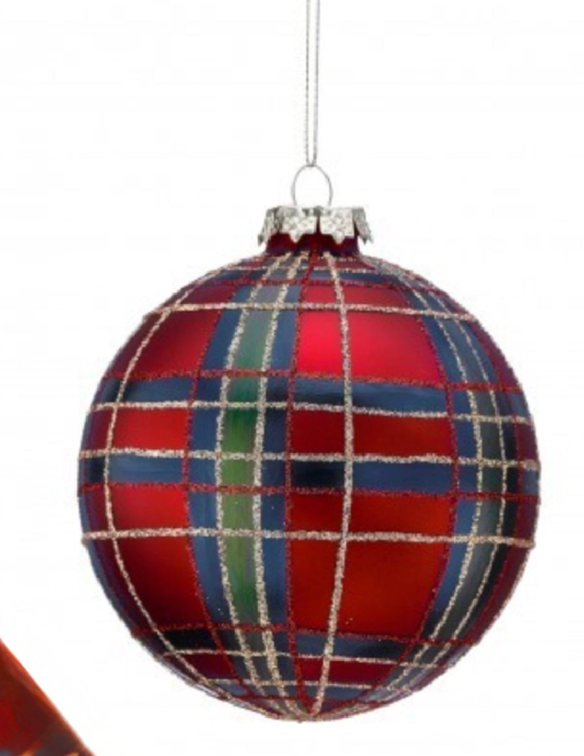 4" GLASS PLAID GLITTER ORNAMENT