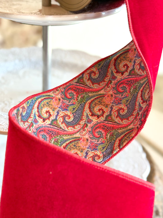 4” Red Velvet w/ Multicolor Paisley Backing