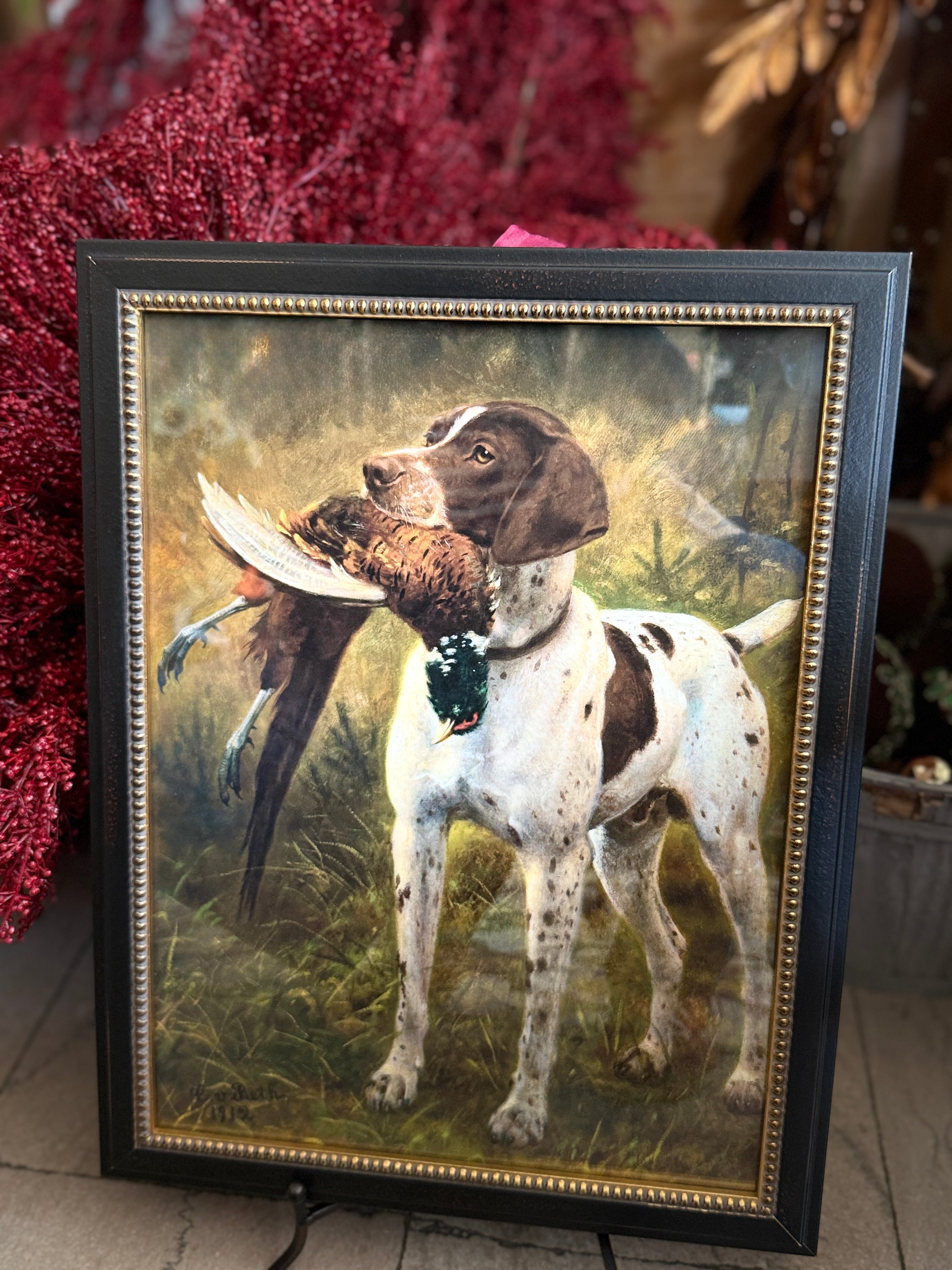 Framed Vintage Dog with Pheasant Oil Painting Reproduction