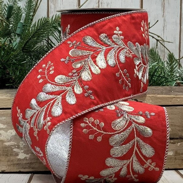 Dupion Silver/Pewter Embroidery Mistletoe, Red