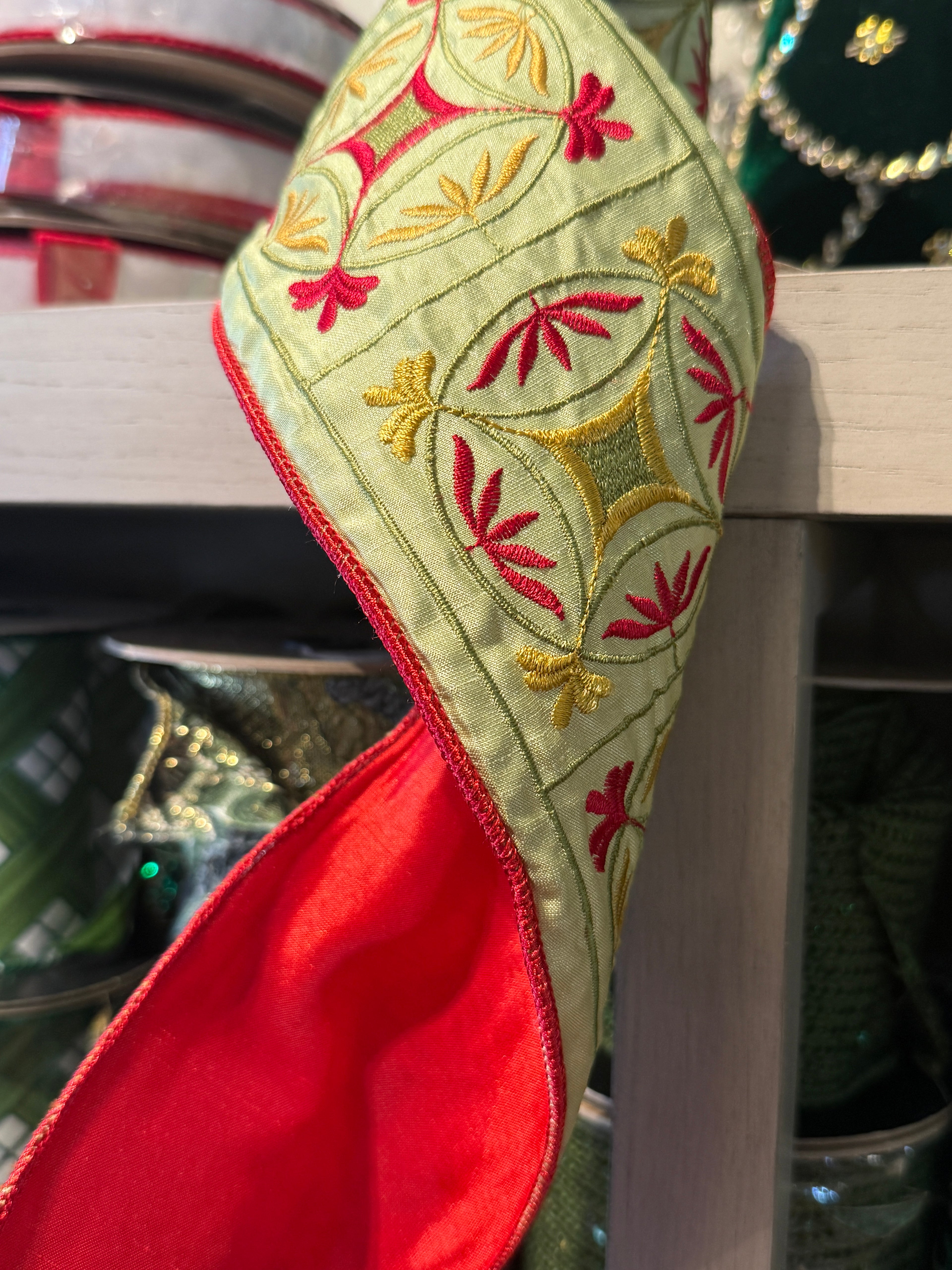 Decorative Ribbon with Red and Gold Embroidery, Sage