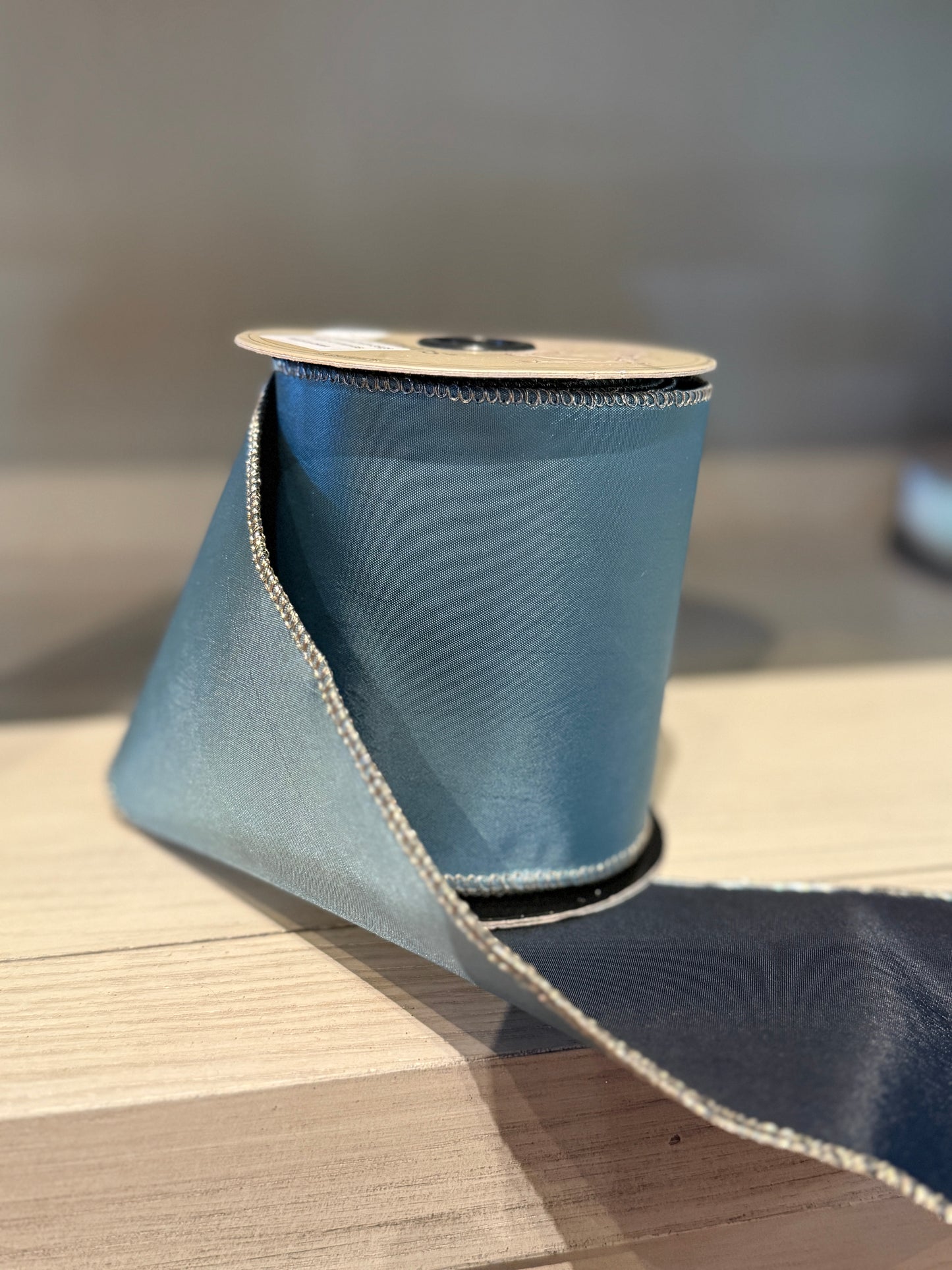 4” Taffeta Double Sided Ribbon, Celadon & Navy