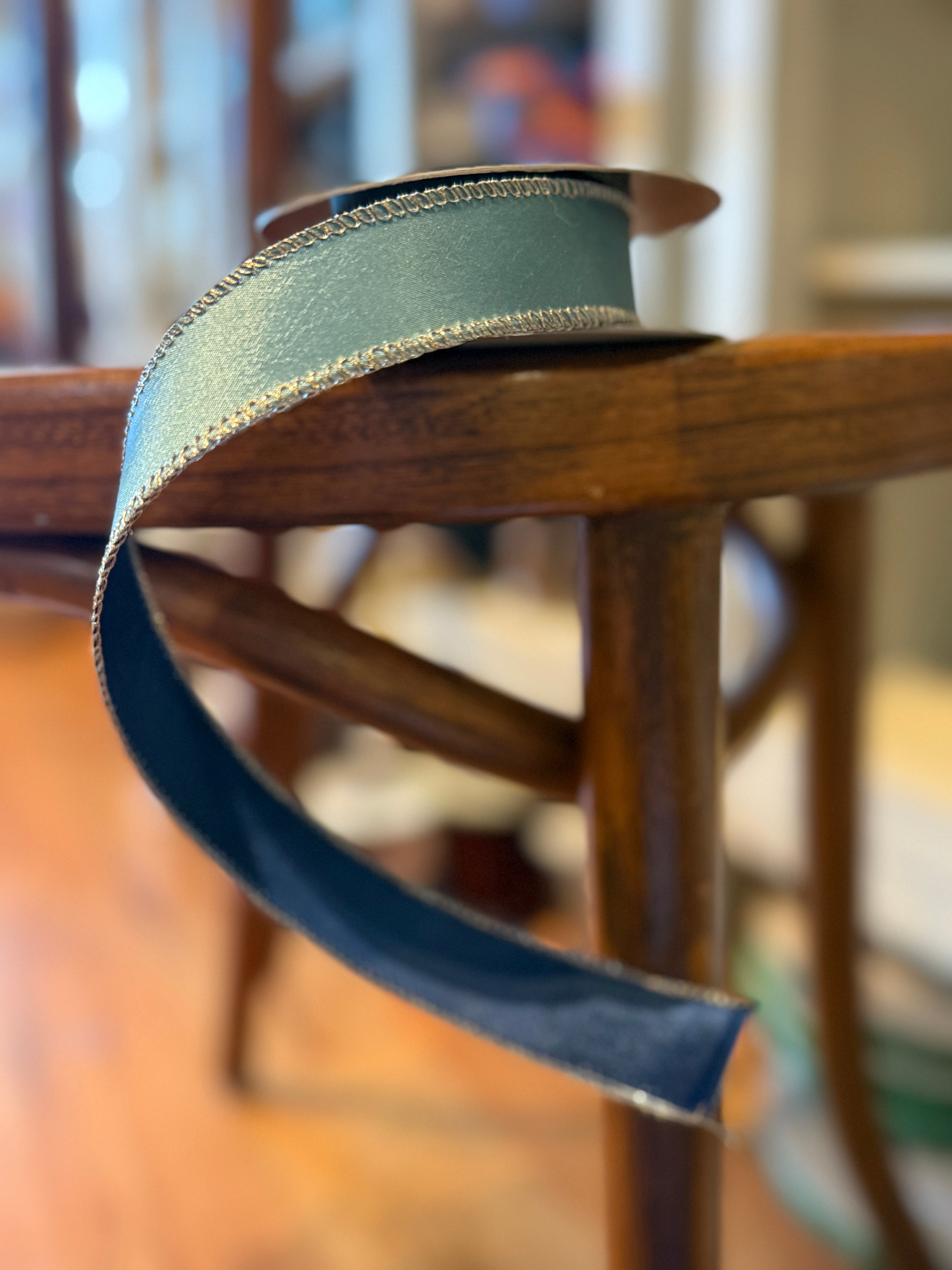 1” Taffeta Double Sided Ribbon, Celadon & Navy