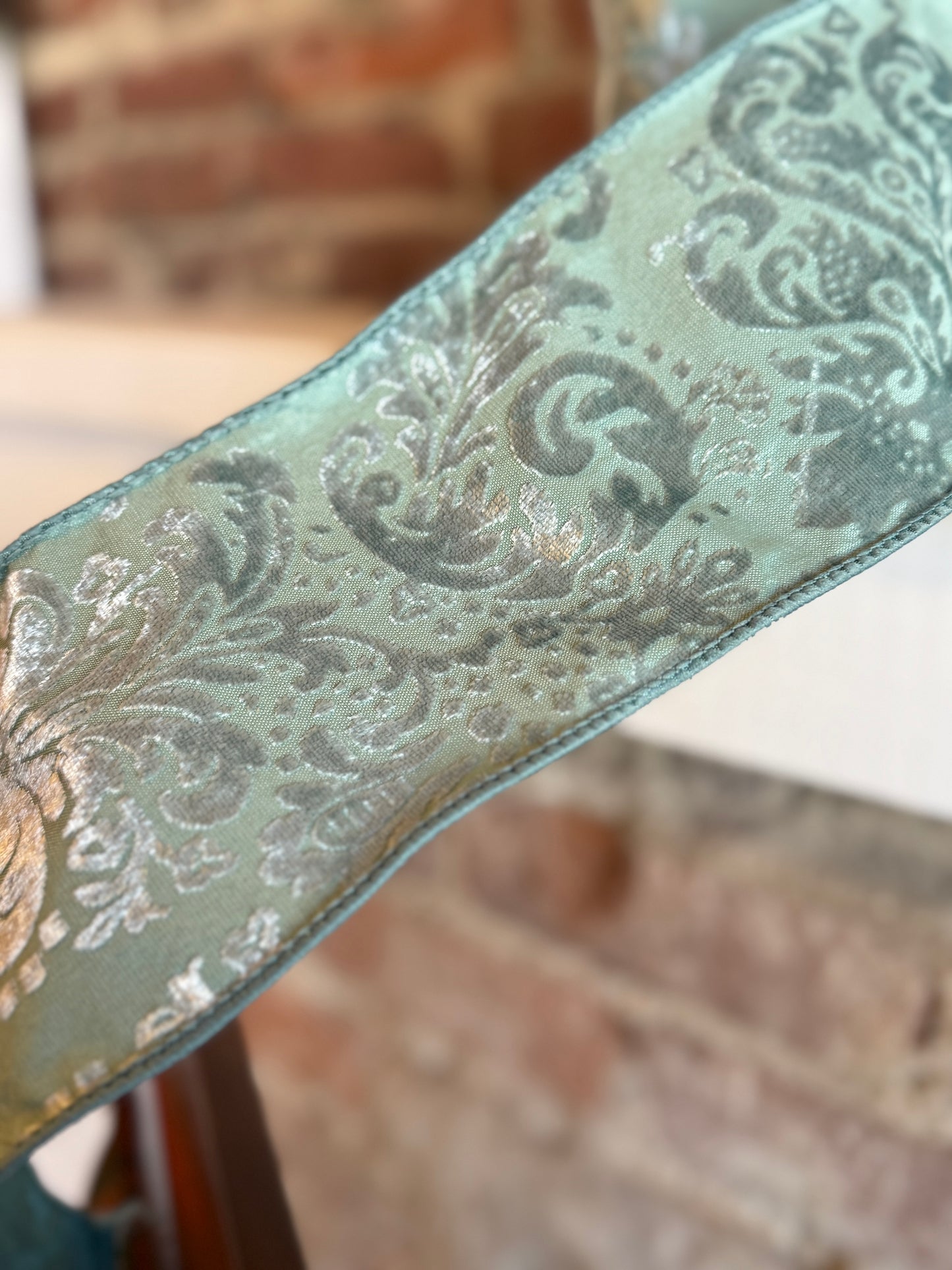 4” Damask Wired Ribbon, Seafoam -