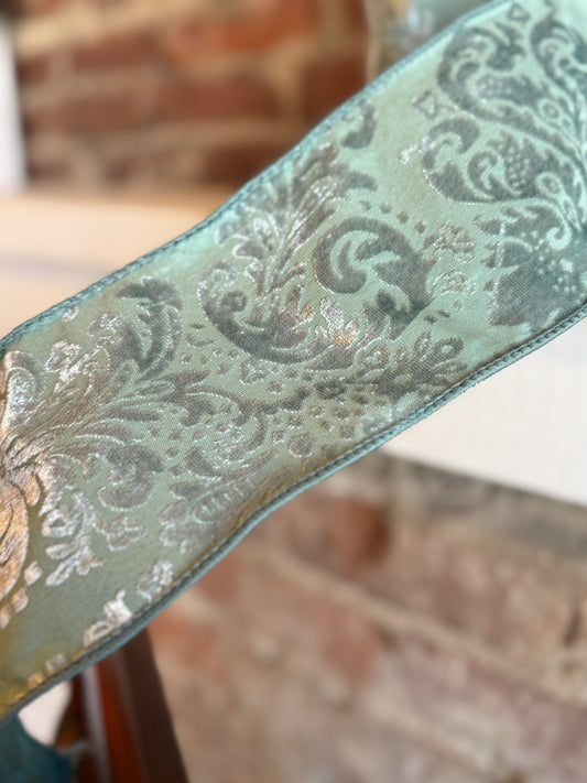 4” Damask Wired Ribbon, Seafoam -