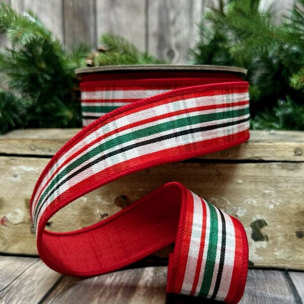 1.5" x 10 Yds Faux Gingerbread Wool Plaid, Red Green White