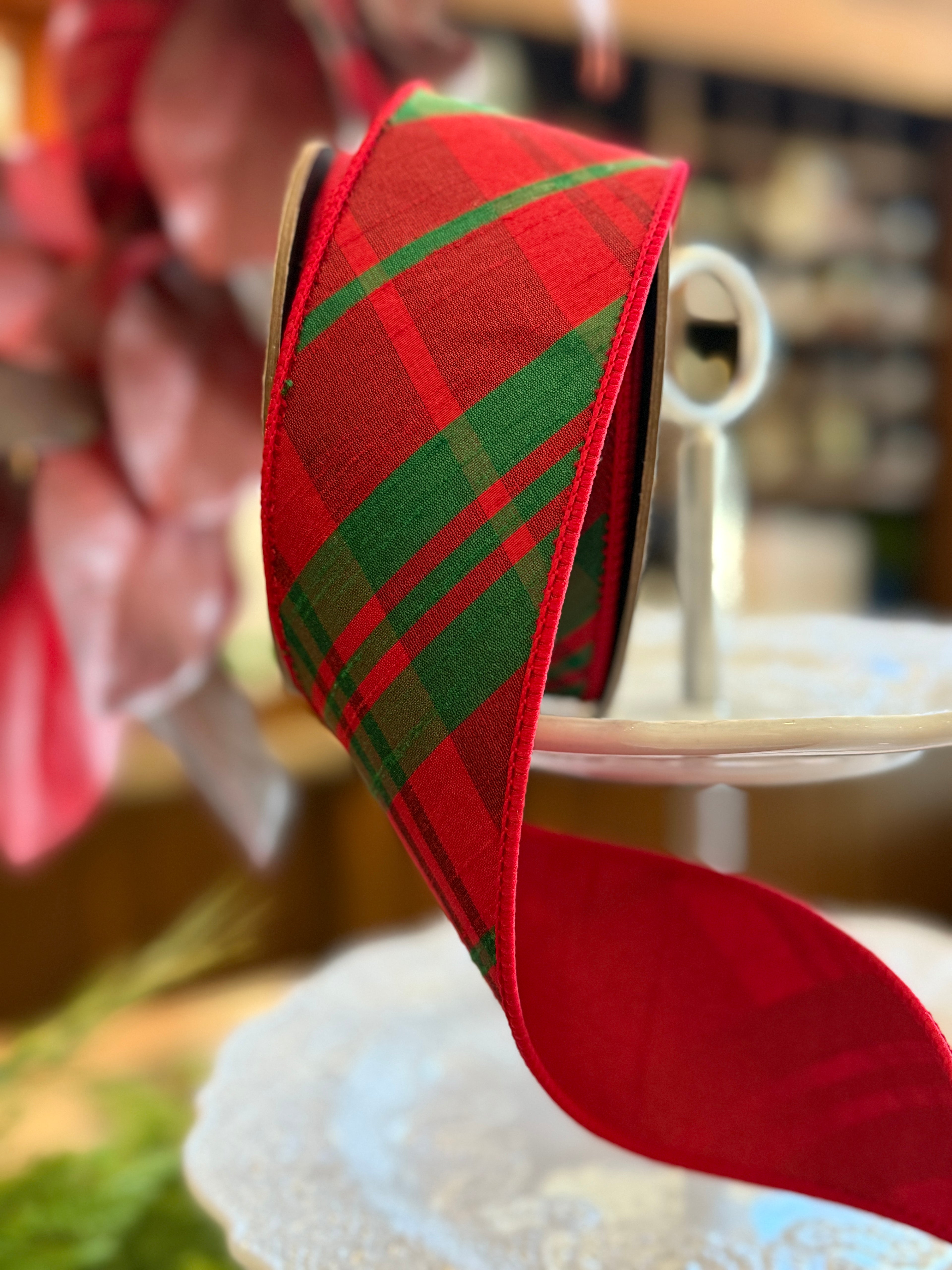 2.5” Faux Dupion Diagonal Plaid, Green Red