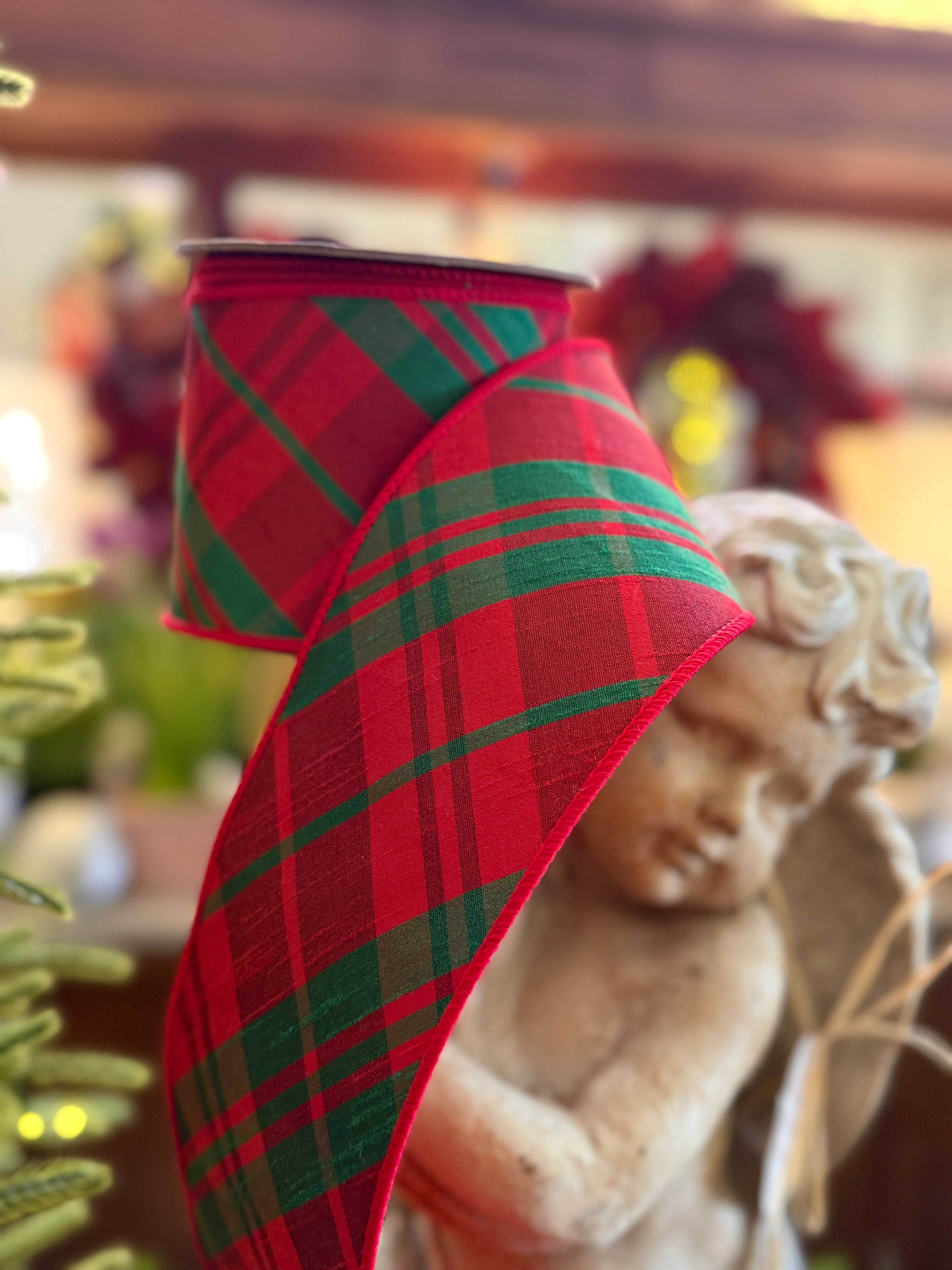 4” Faux Dupion Diagonal Plaid, Green Red