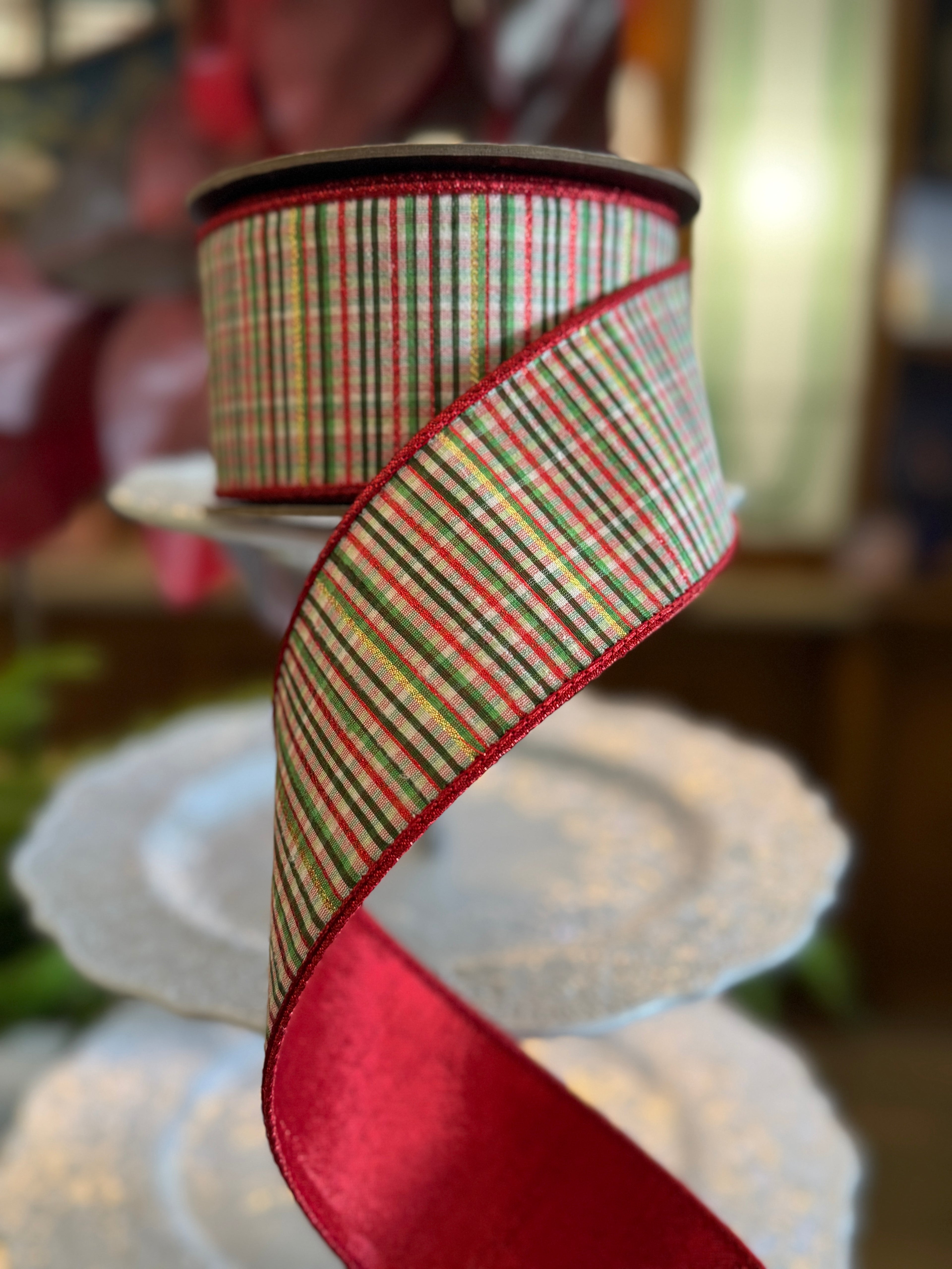 2.5” Dupion Glitter Stripe Archer Plaid, Red Green White