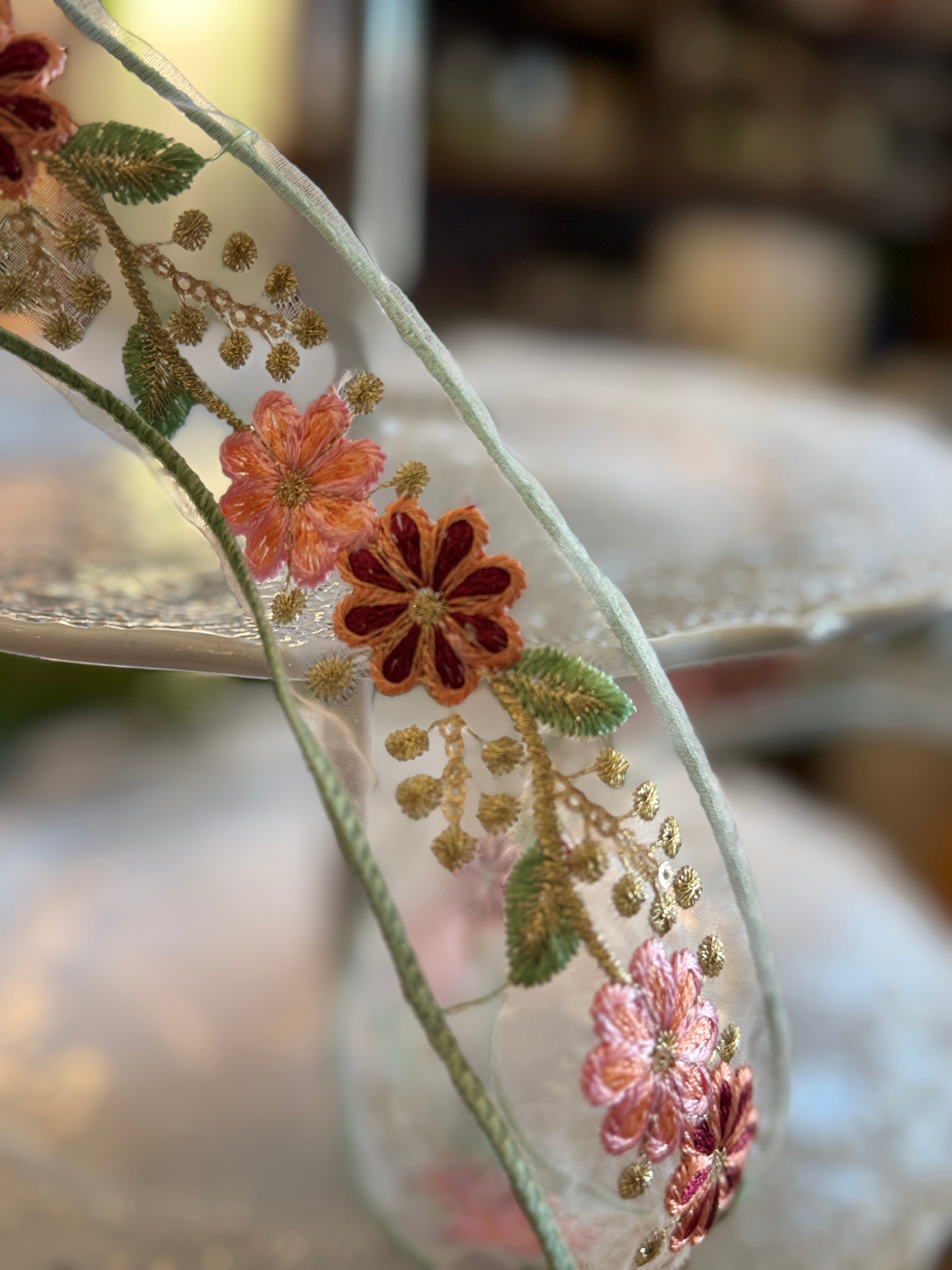 2.5" x 10yds sheer pink floral trim, celadon