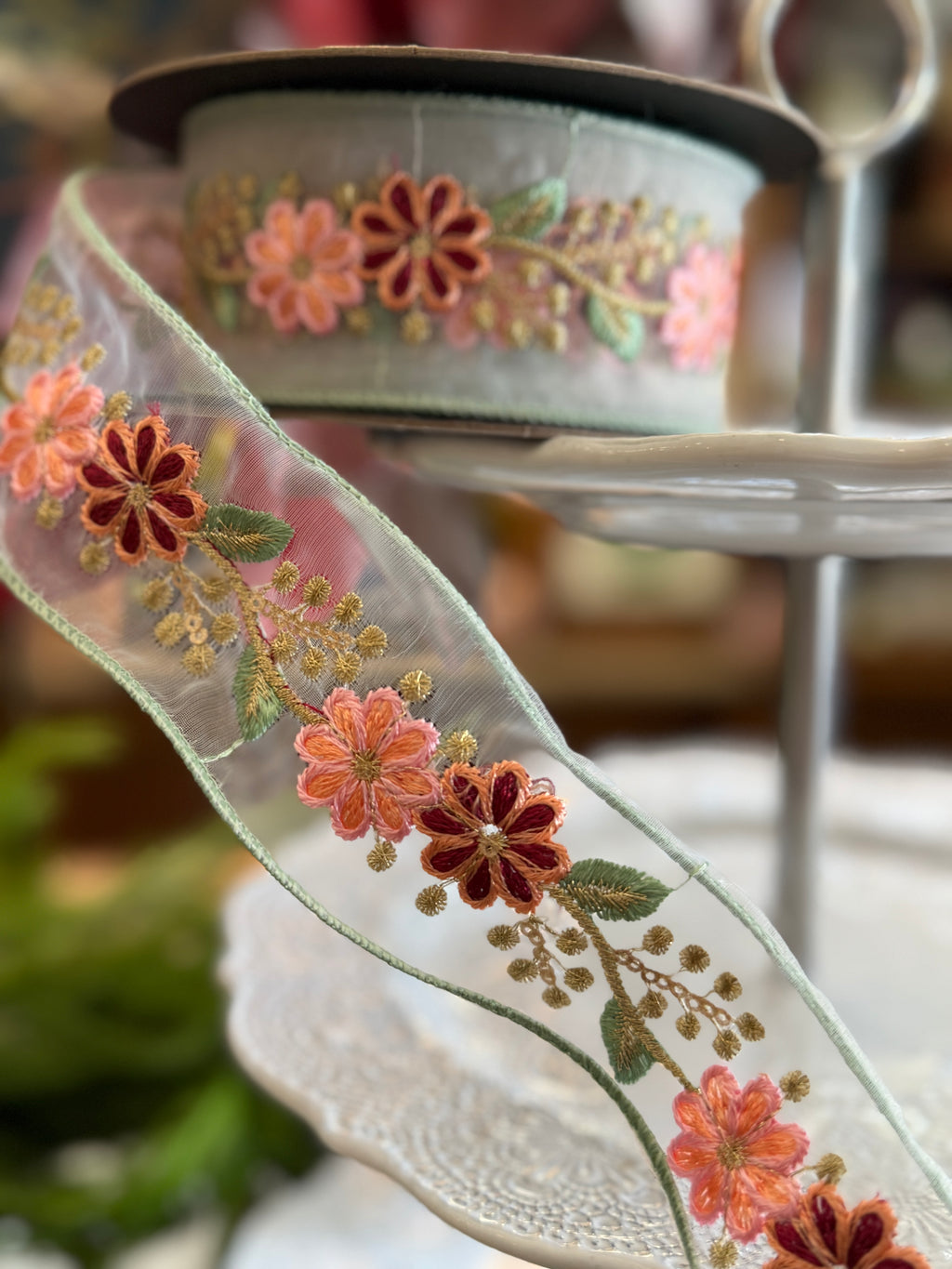 2.5" x 10yds sheer pink floral trim, celadon