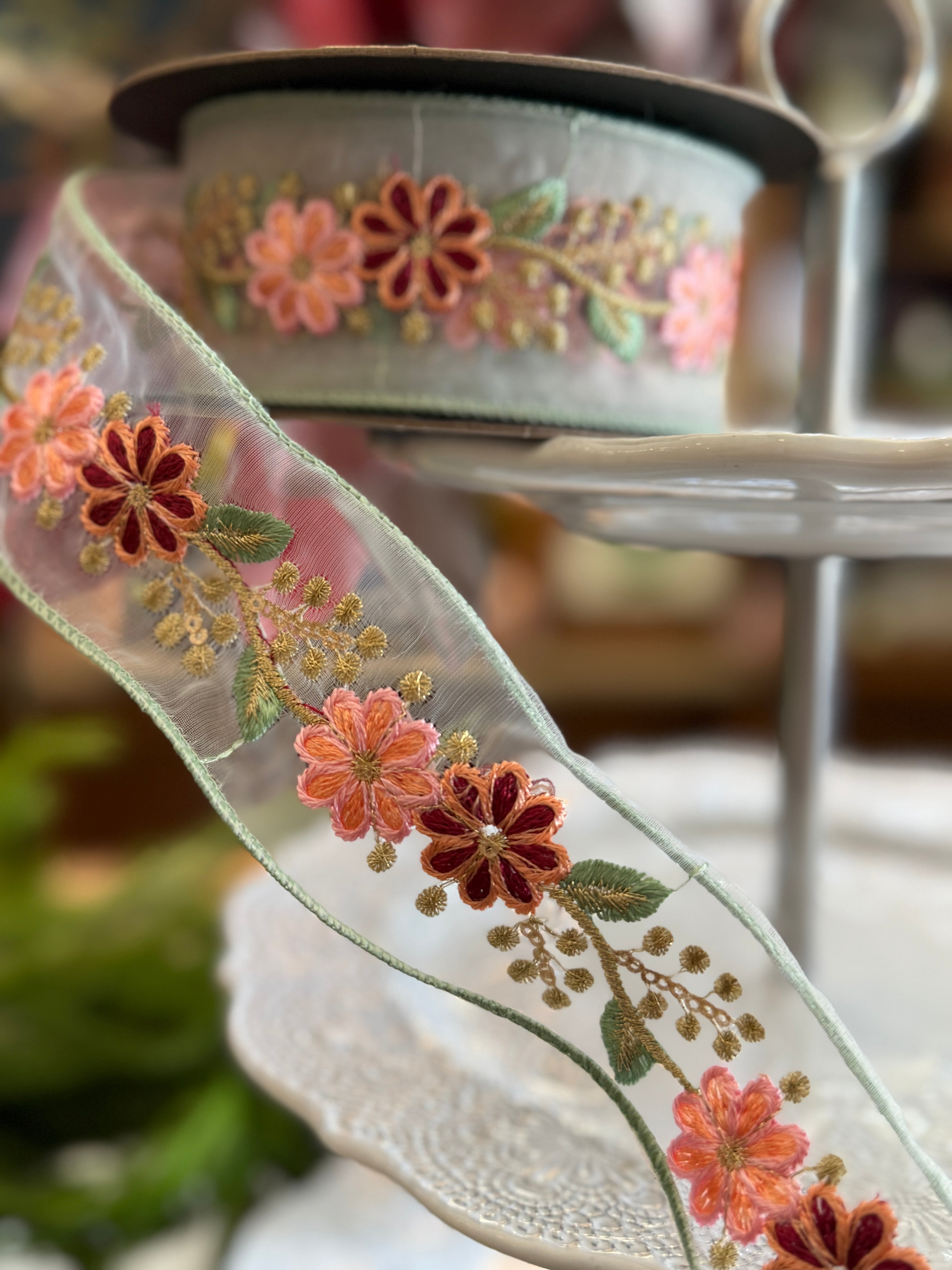 2.5" x 10yds sheer pink floral trim, celadon