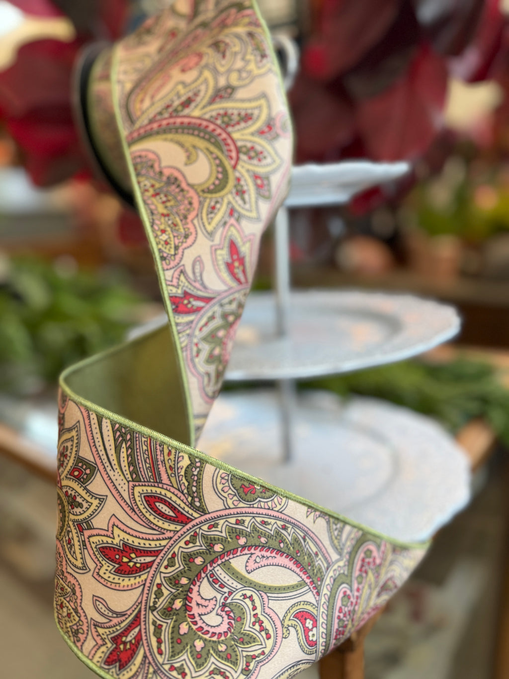 4" Velour/Dupion Antique Paisley Green/Red