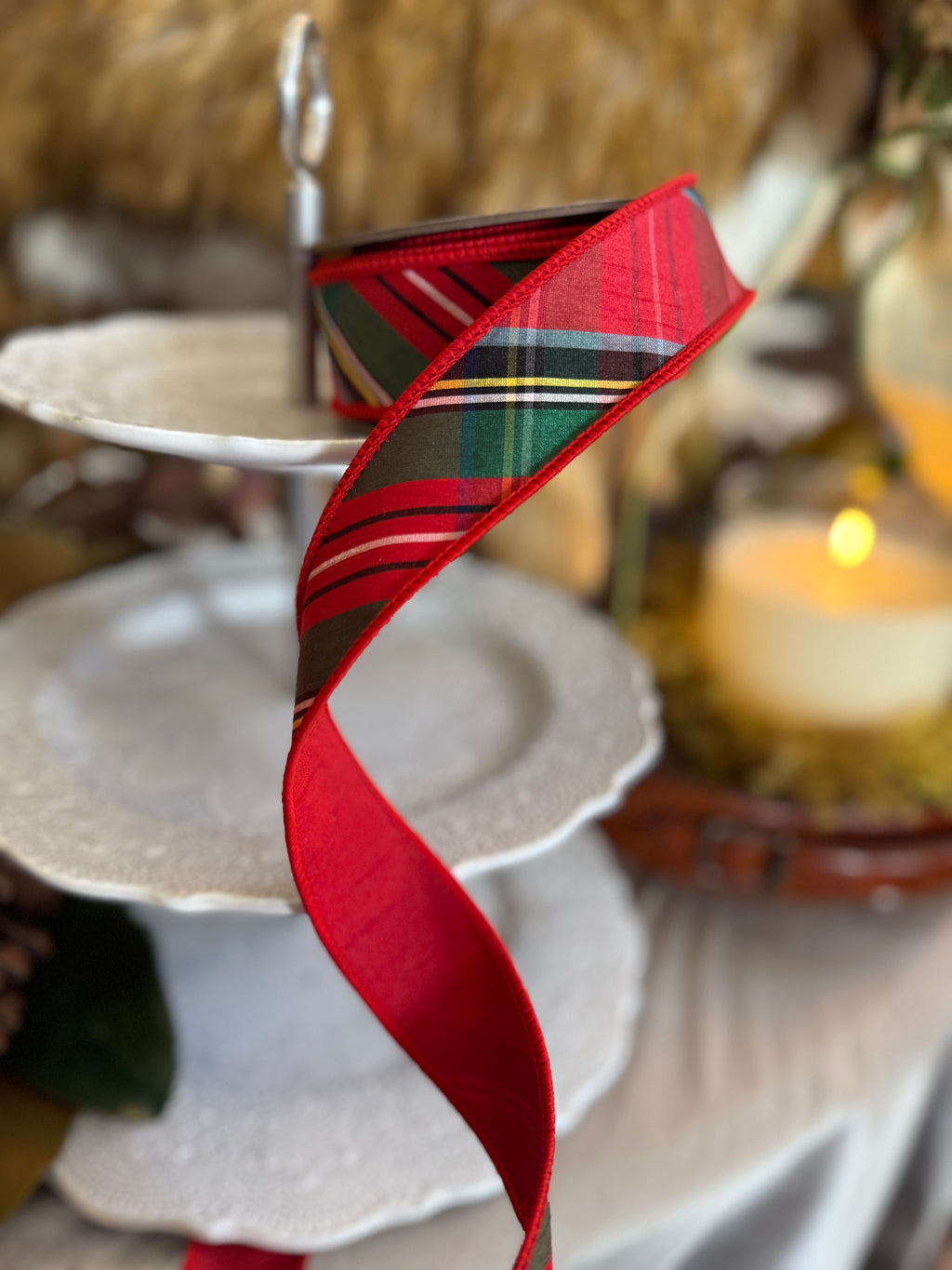 1.5" x 10yds Dupion Traditional Holiday Plaid, Red, Blue and Green