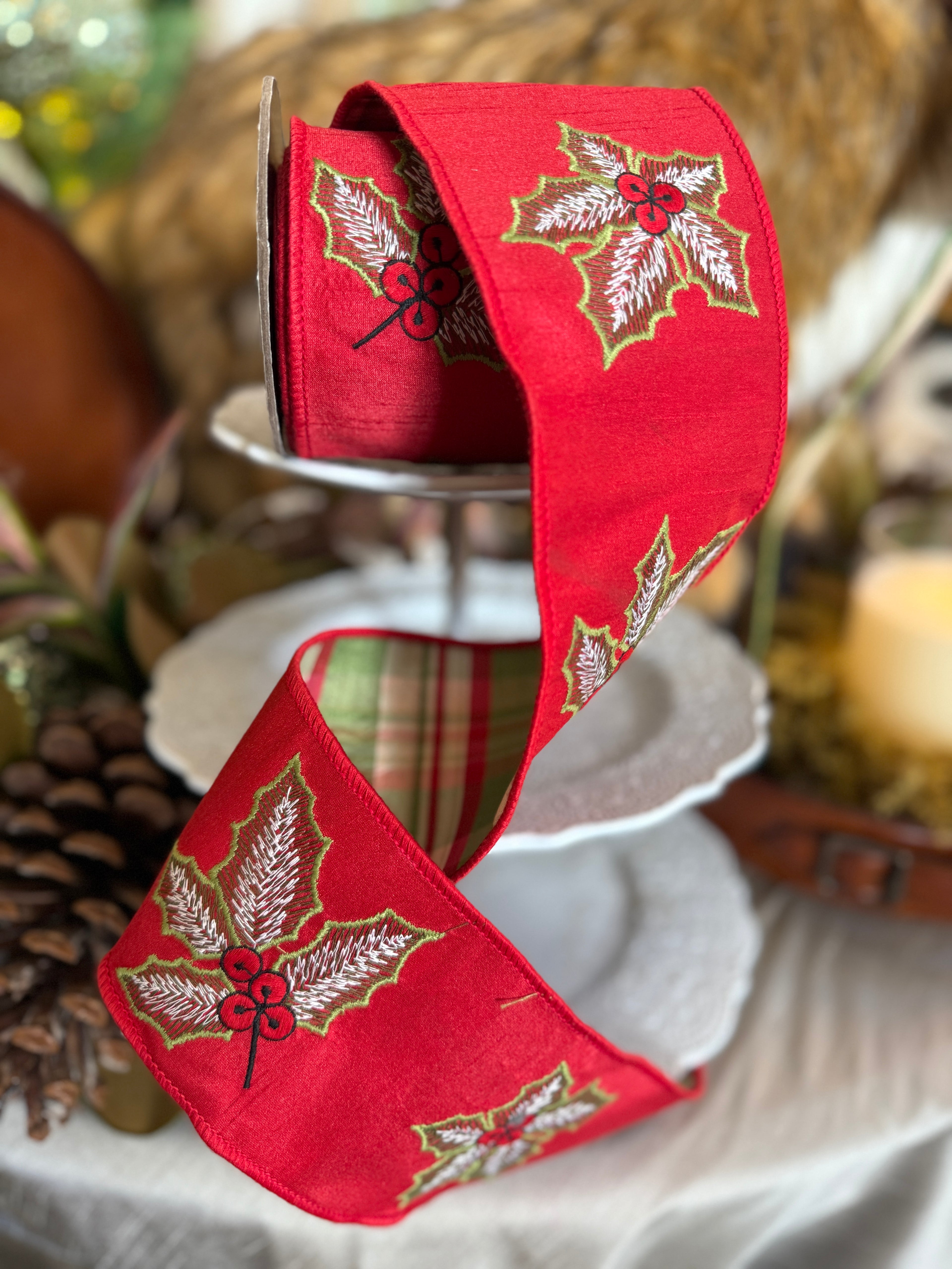 4" Dupion w/ Holly Embroidery, Plaid Back, Red