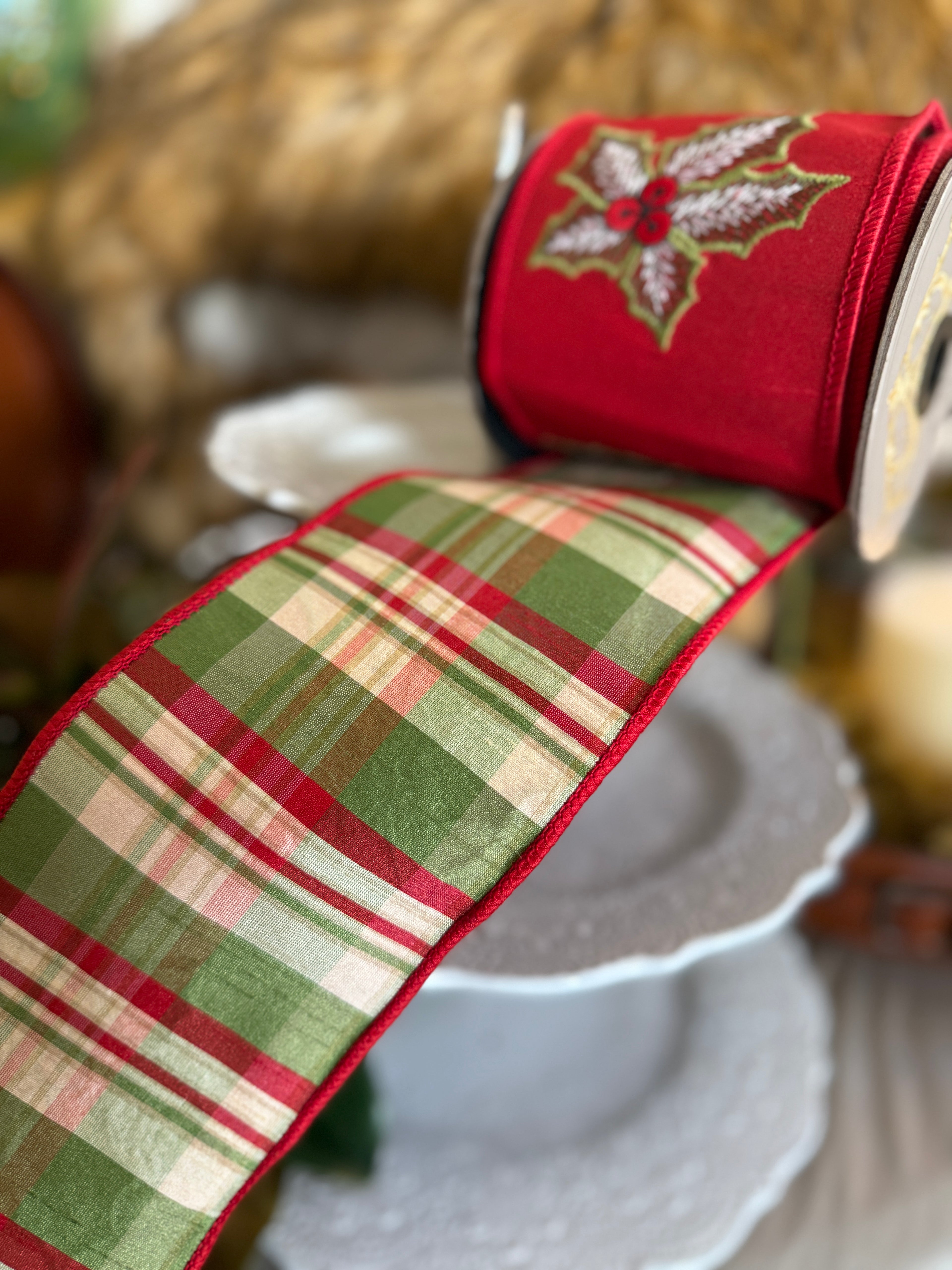 4" Dupion w/ Holly Embroidery, Plaid Back, Red