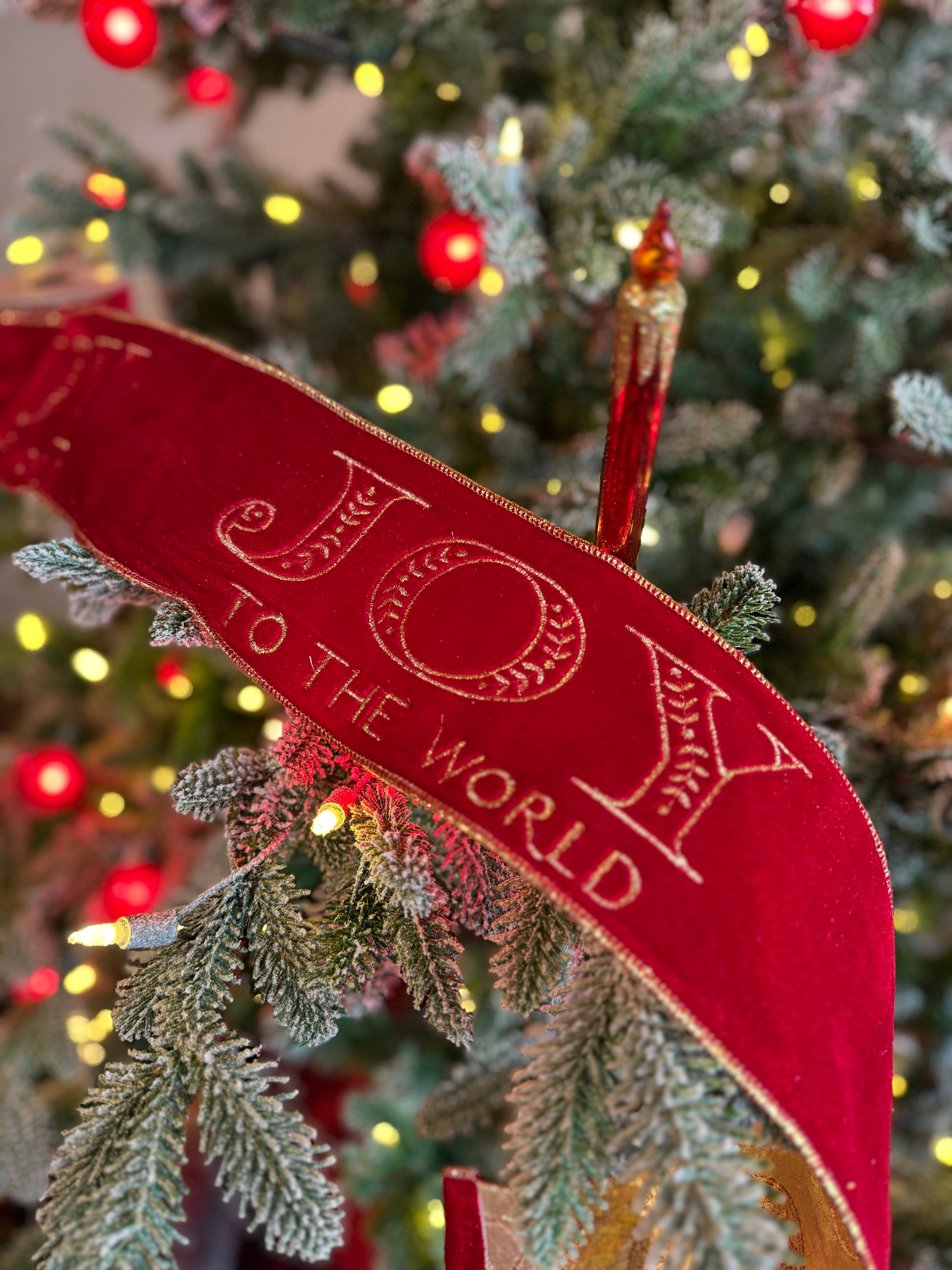 4” Velvet Gold Embroidery “Joy to the World,” Red