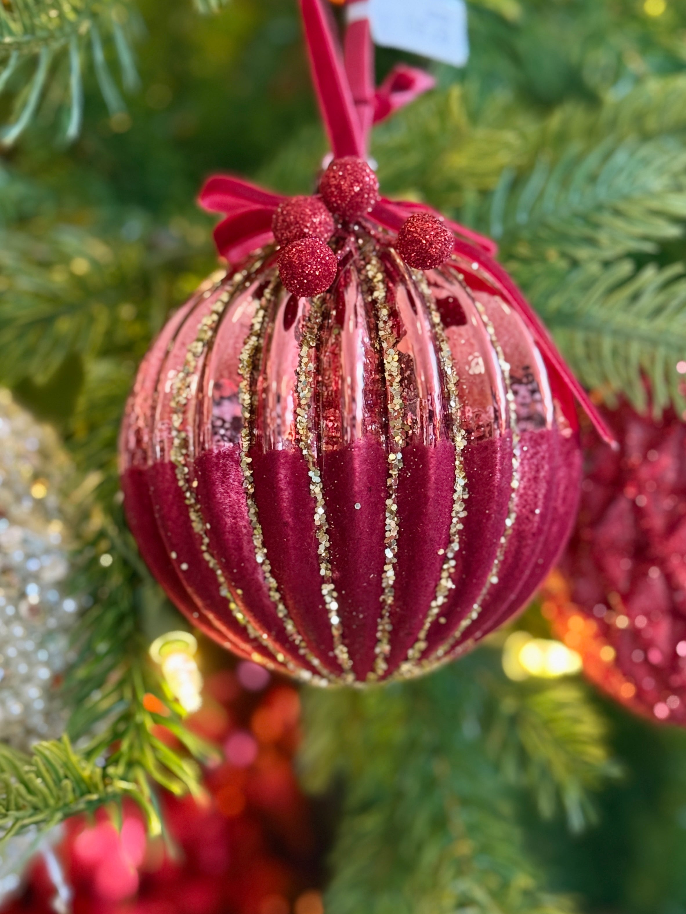 4" Glass Glittered Red Ornament w/Red Berries