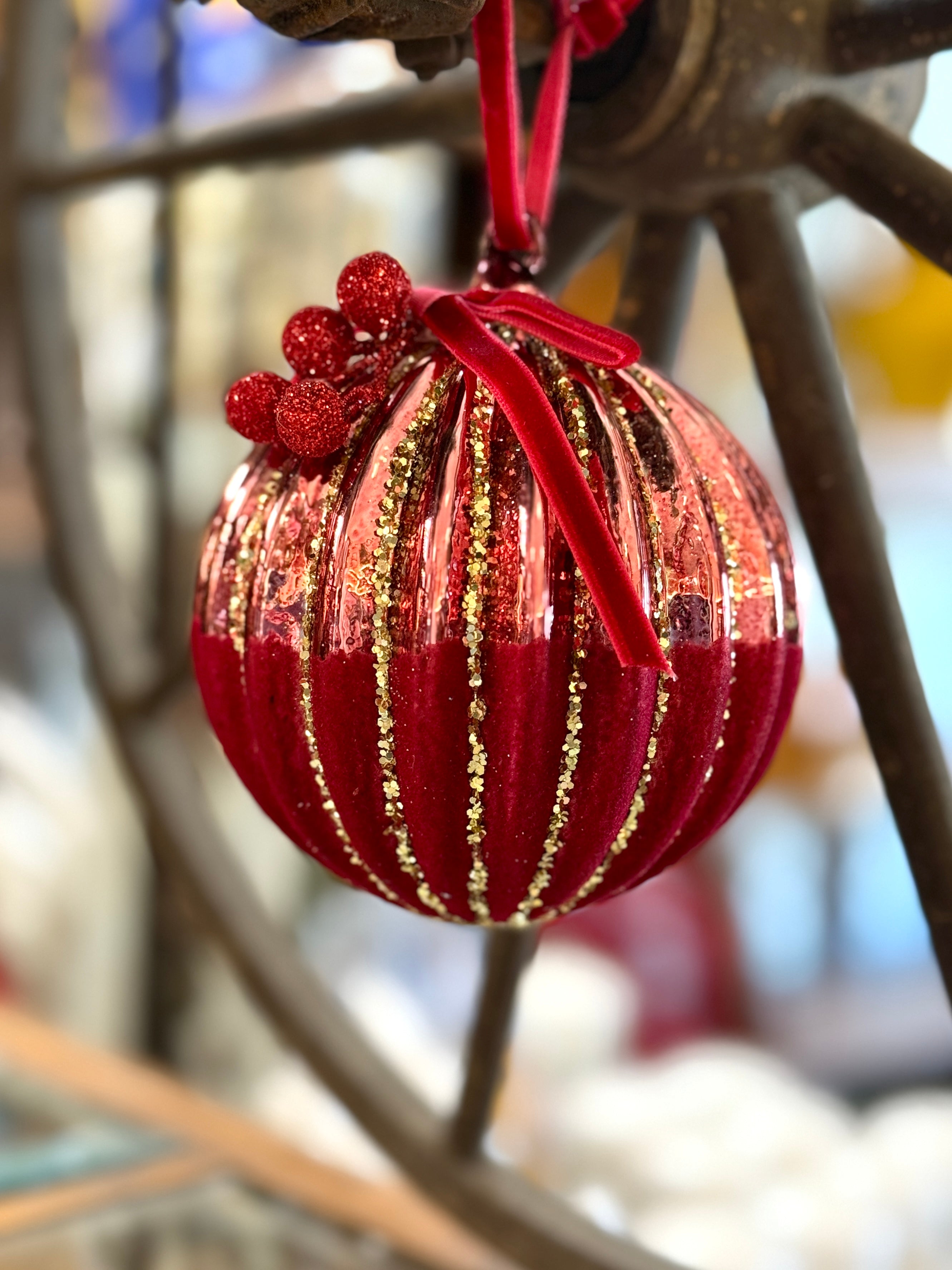 4" Glass Glittered Red Ornament w/Red Berries