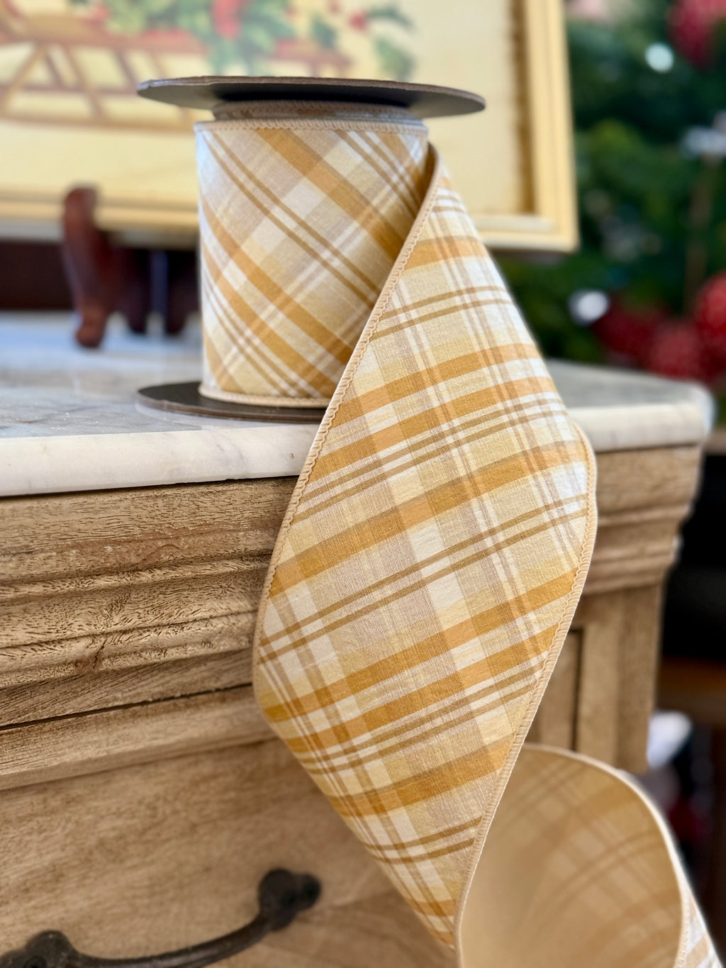 4" Dupion Bias Cut Plaid, Cream Beige Tan