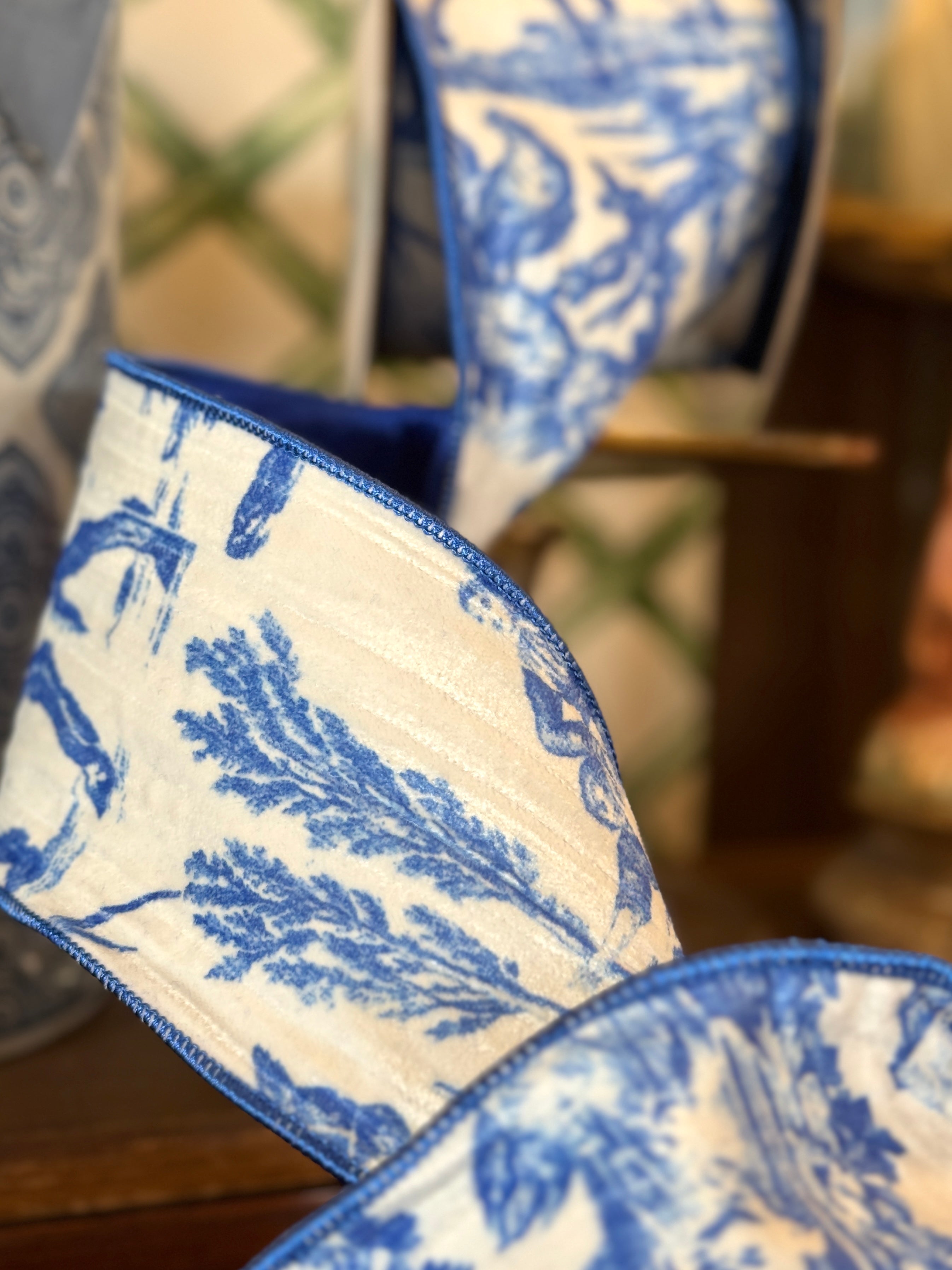 4” Velvet Toile Ribbon, Blue & White