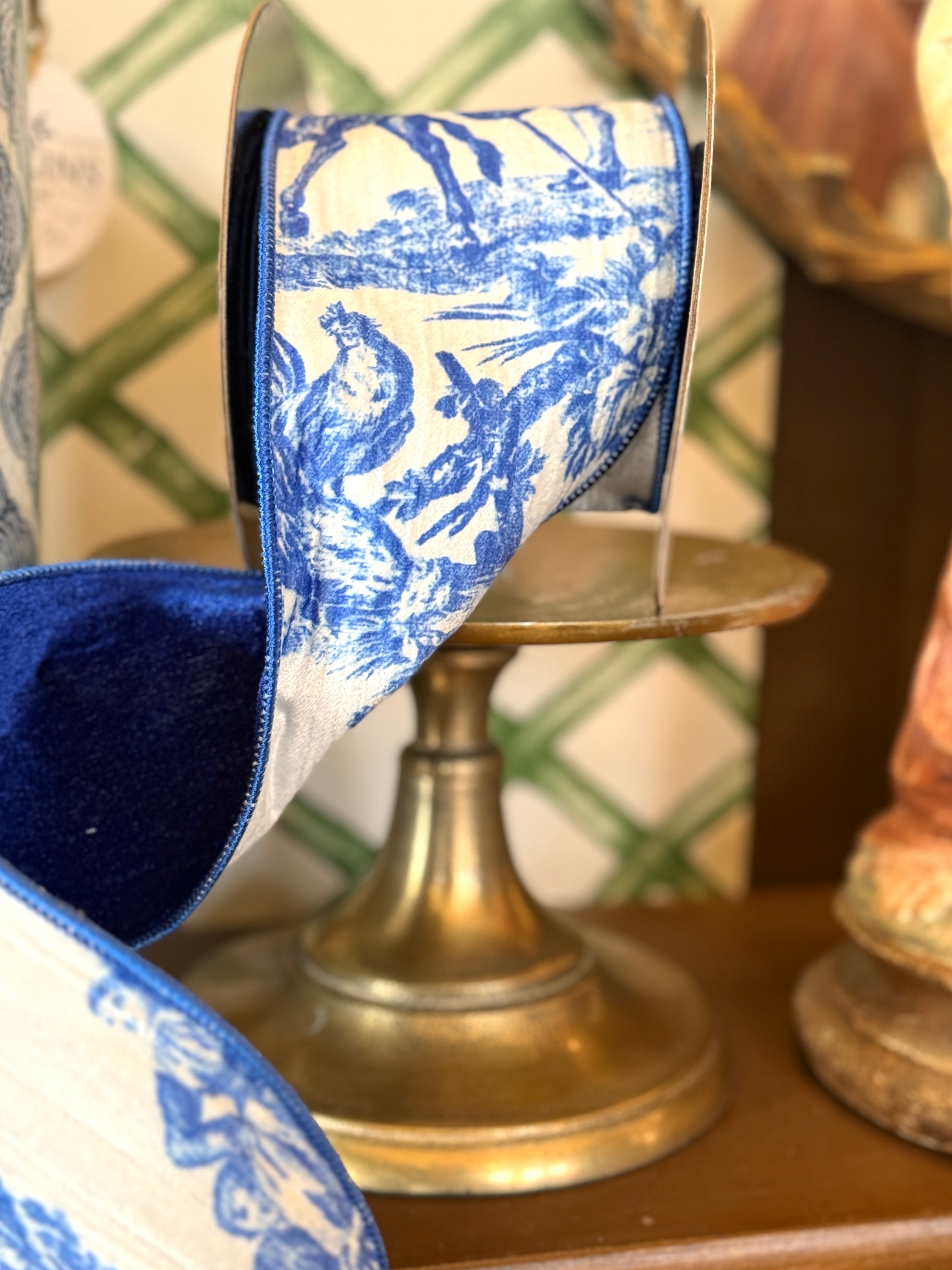 4” Velvet Toile Ribbon, Blue & White