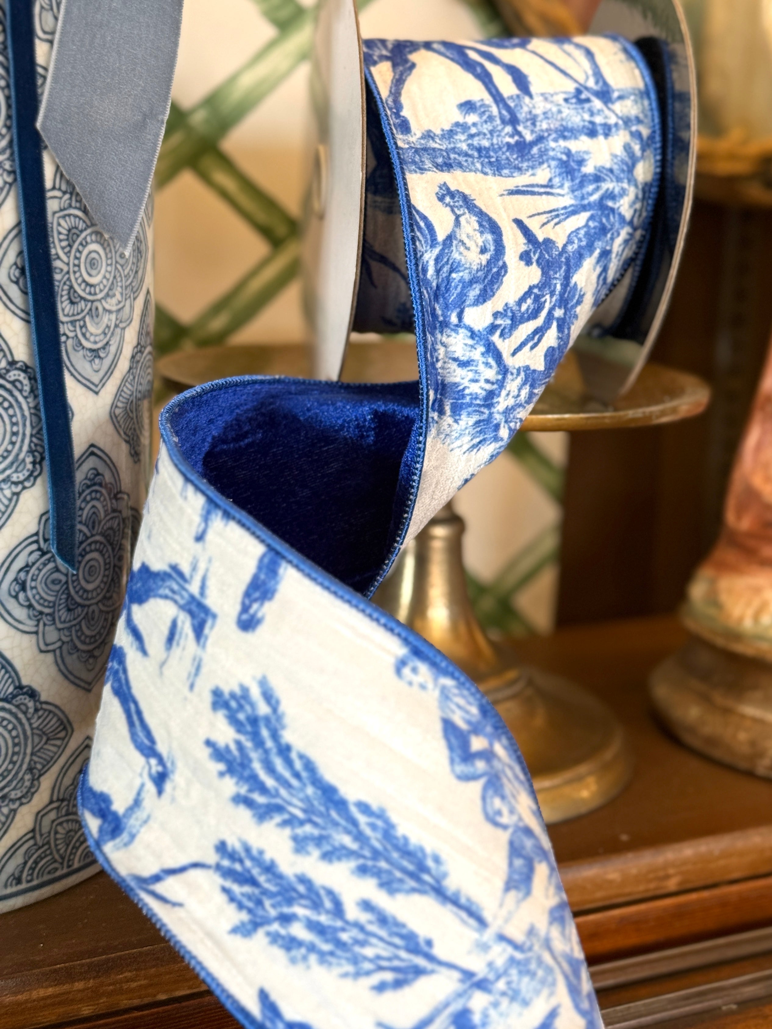 4” Velvet Toile Ribbon, Blue & White
