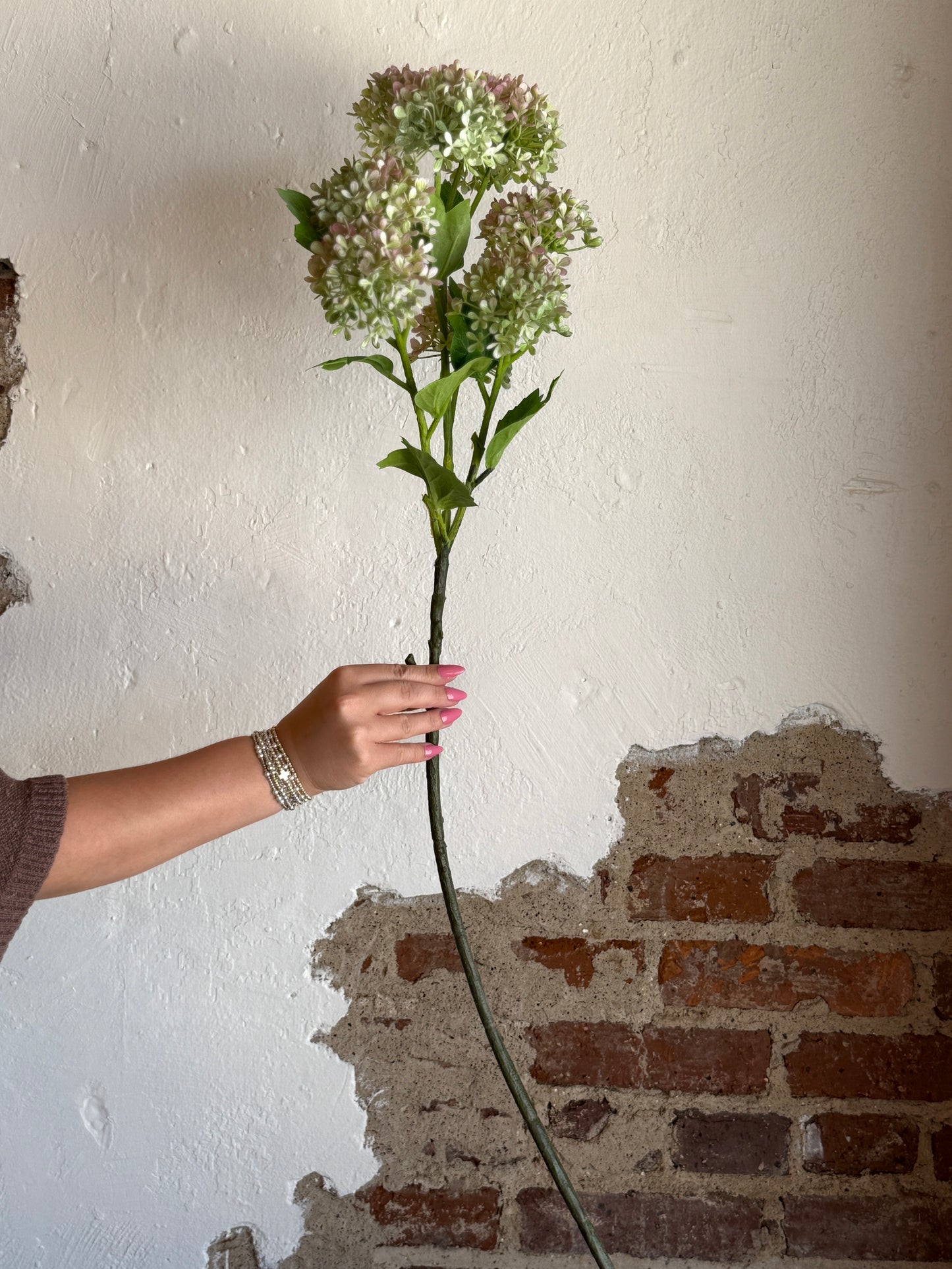 33” Plastic Snowball Hydrangea Branch, Green/Pink