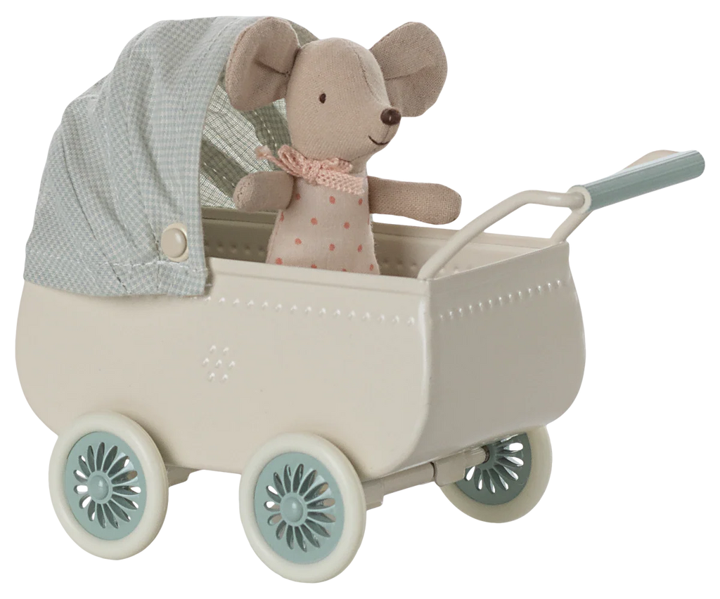 Maileg - Pram with Baby Mouse, Mint