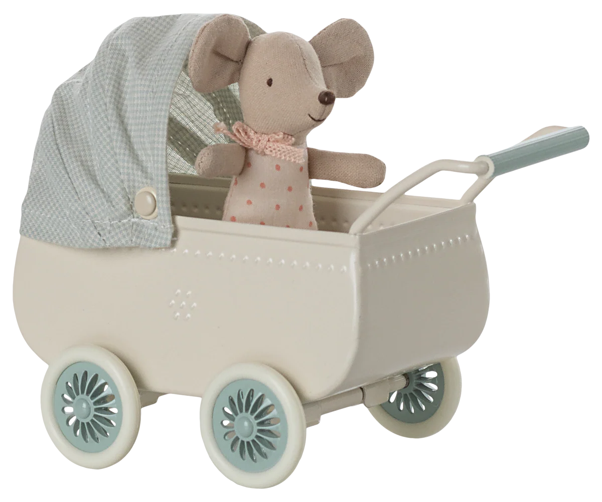 Maileg - Pram with Baby Mouse, Mint