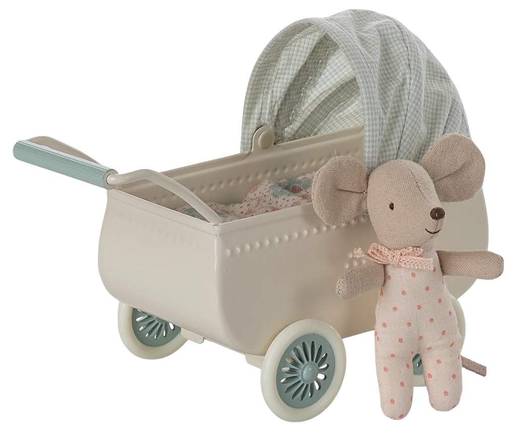 Maileg - Pram with Baby Mouse, Mint