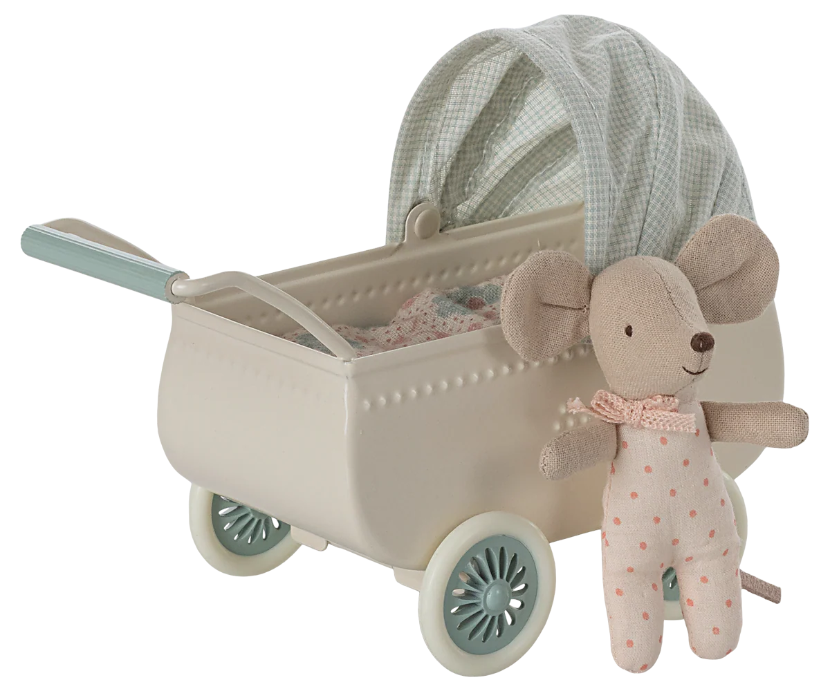 Maileg - Pram with Baby Mouse, Mint