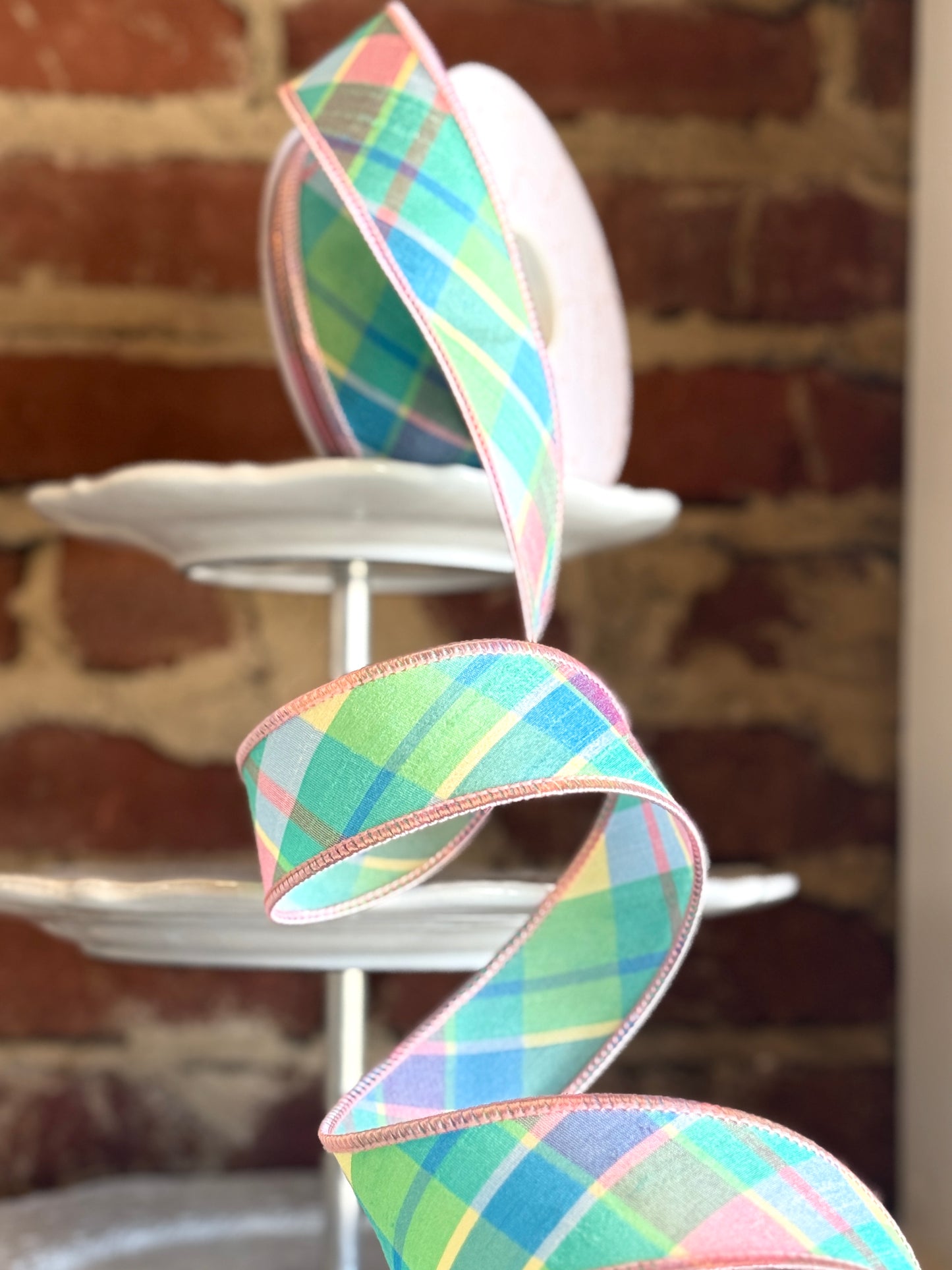 1.5" Wide Blooming Garden Plaid - Multi Pastel Ribbon. Sold by the yard.
