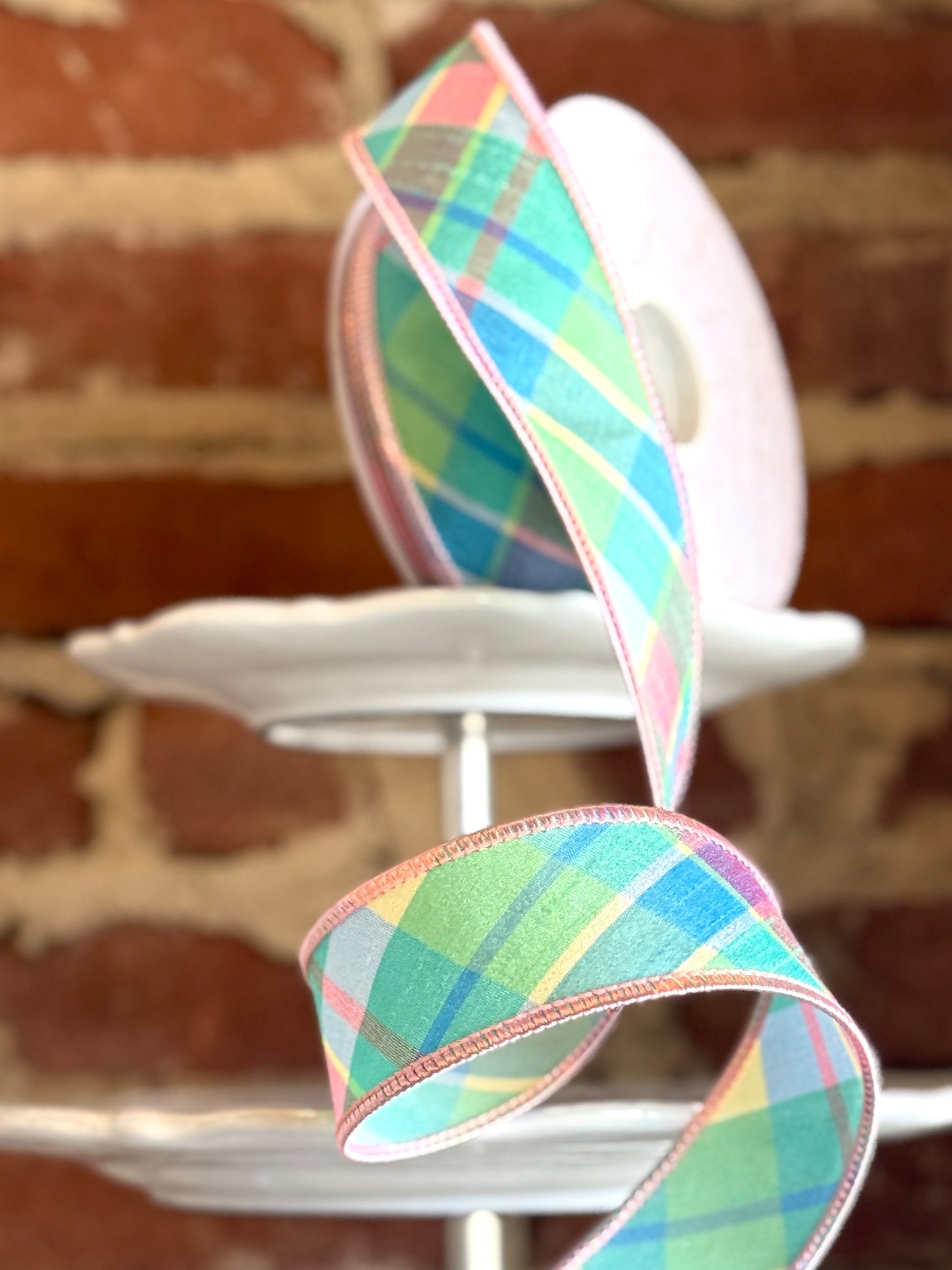 1.5" Wide Blooming Garden Plaid - Multi Pastel Ribbon. Sold by the yard.