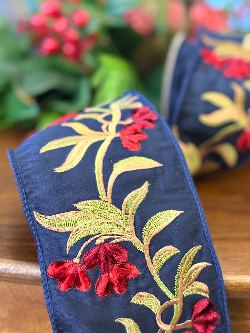 4" Dupion Embroidery Flower, Navy
