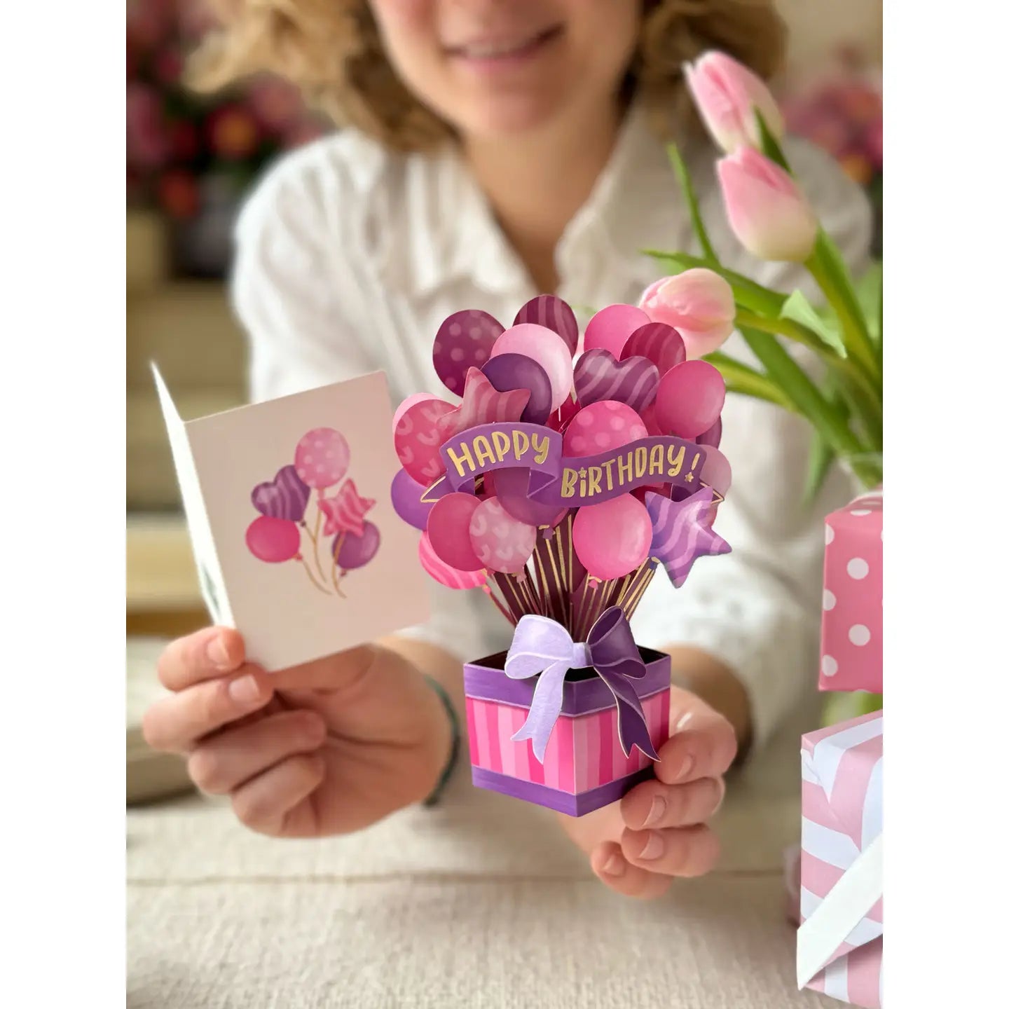 FreshCut Paper Pop-up Greeting Card Pink Birthday Balloons