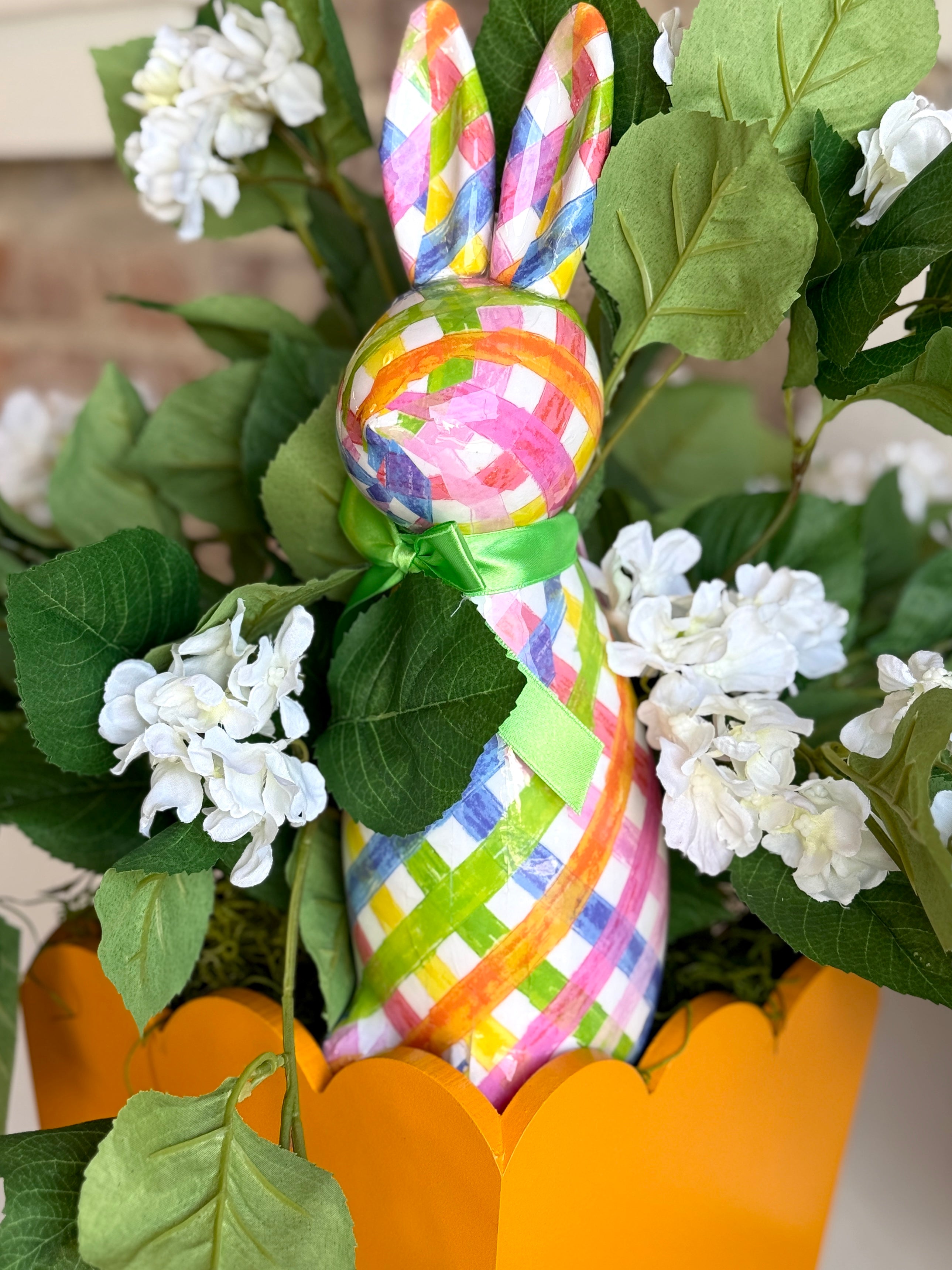 Spring Bunny & White Hydrangea Arrangement in Orange Scalloped Pot