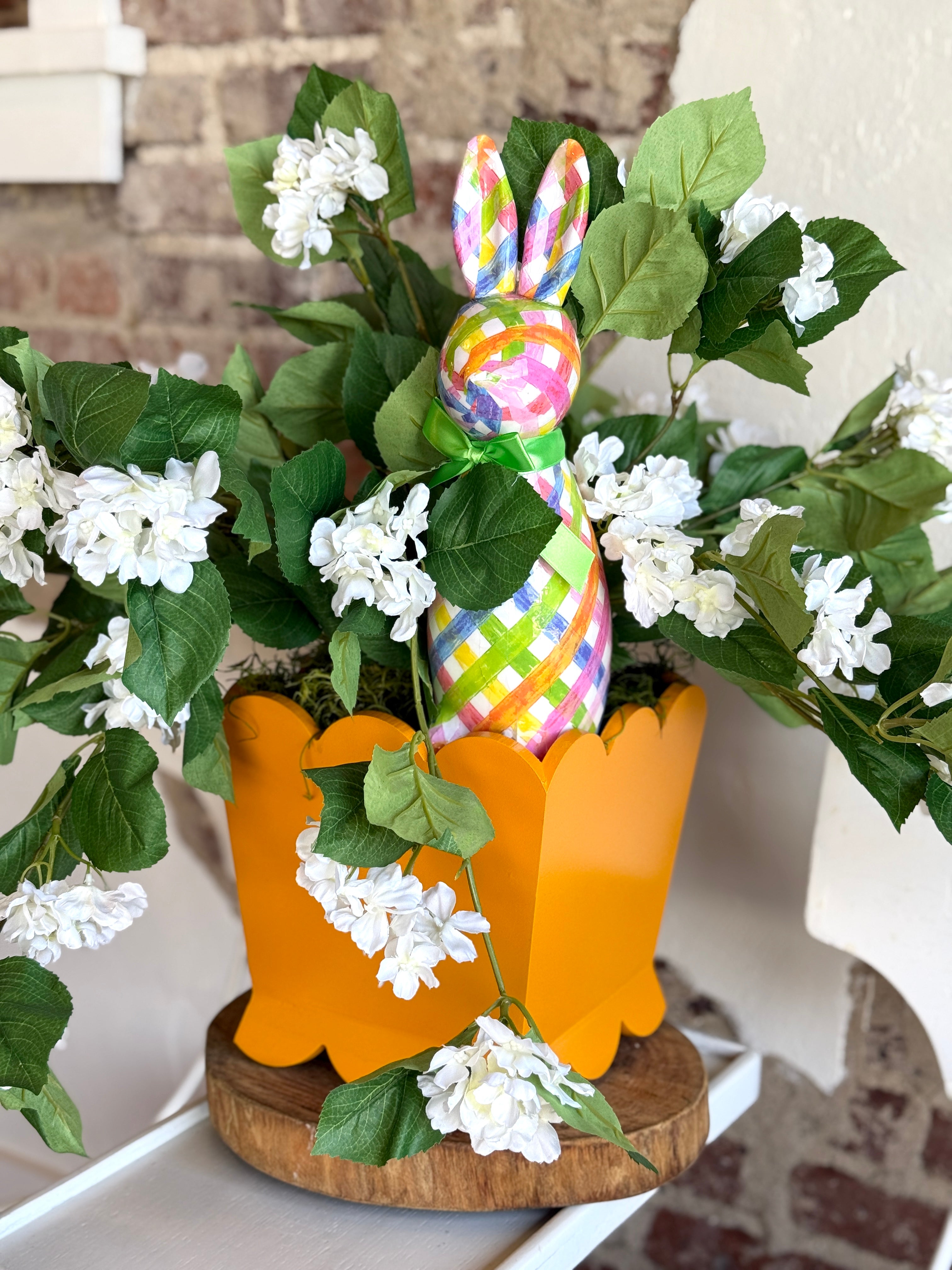 Spring Bunny & White Hydrangea Arrangement in Orange Scalloped Pot